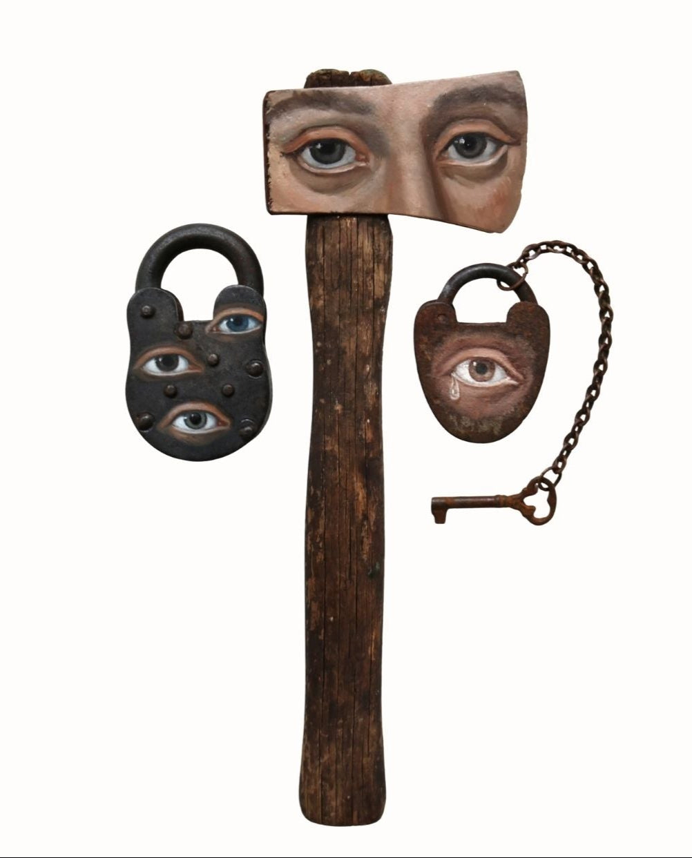 Artistic depiction of a wooden object with eyes and a lock, featuring text about Alexandra Dillon's artwork.