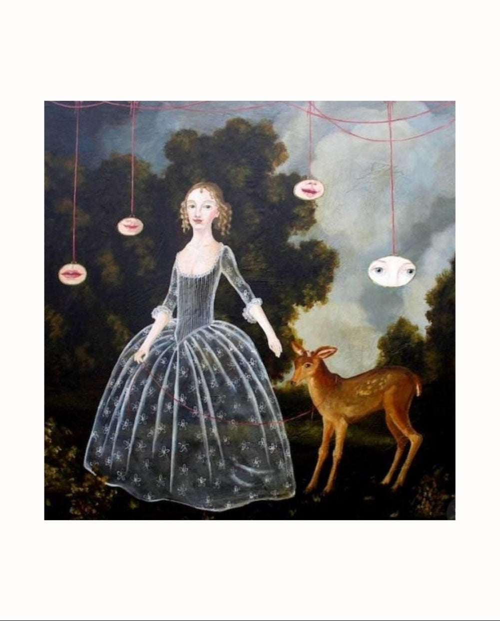 Two artistic paintings of a woman in a dress with animals and celestial elements.