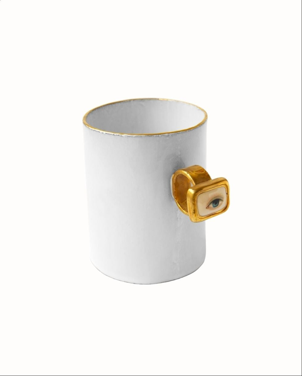White ring cup with gold handle on a white background, featuring text about artist collaboration.