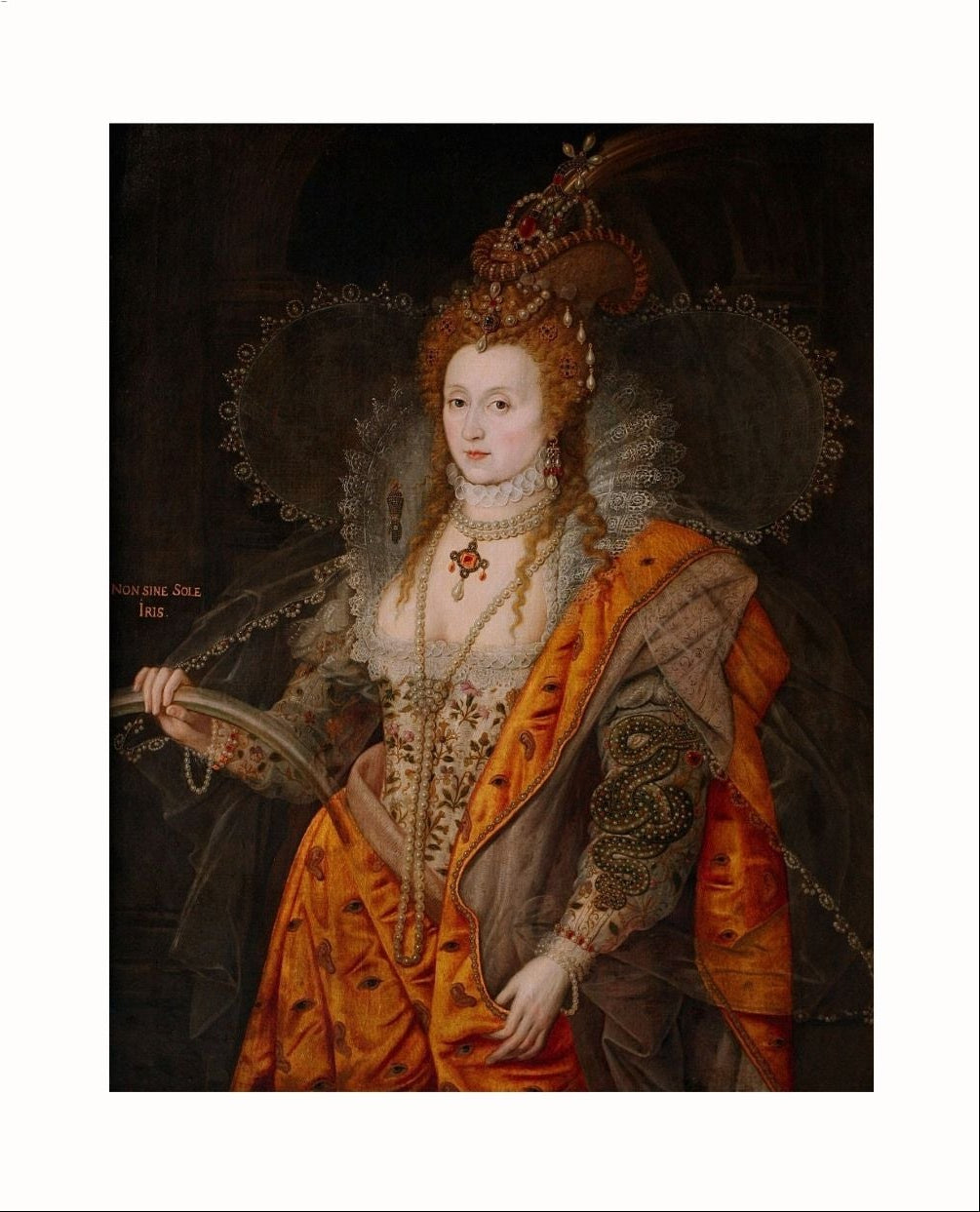 Portrait of a woman in elaborate clothing with text on the left side. Elizabeth I with the rainbow.