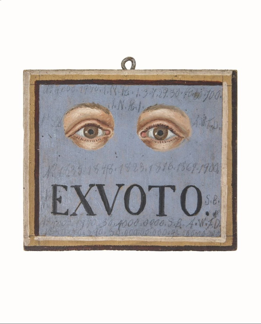 Exvoto painting with eyes and text on a wooden frame