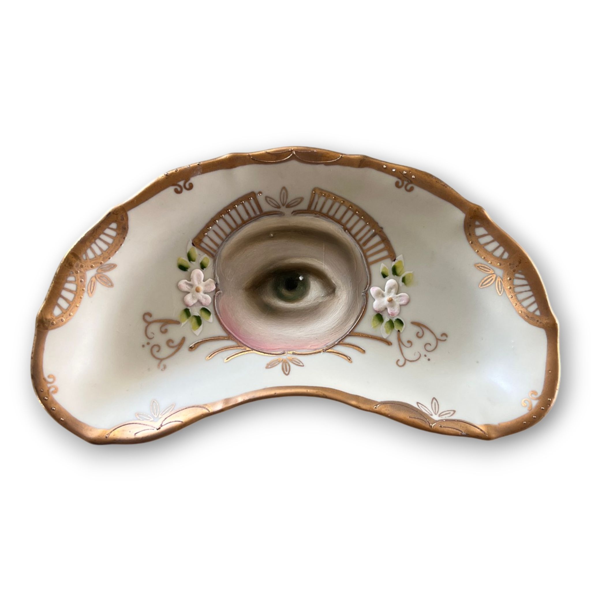 No. 3572 Lover's Eye Painting on a Rococo Crescent Dish - Butter Yellow