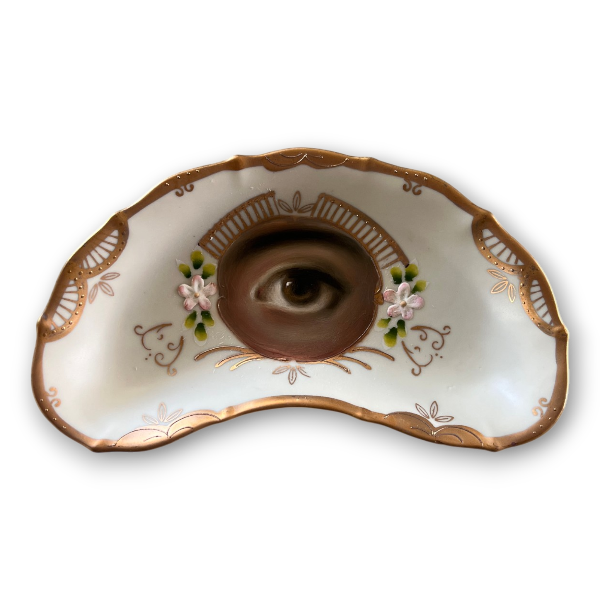 No. 3570 Lover's Eye Painting on a Rococo Crescent Dish - Butter Yellow