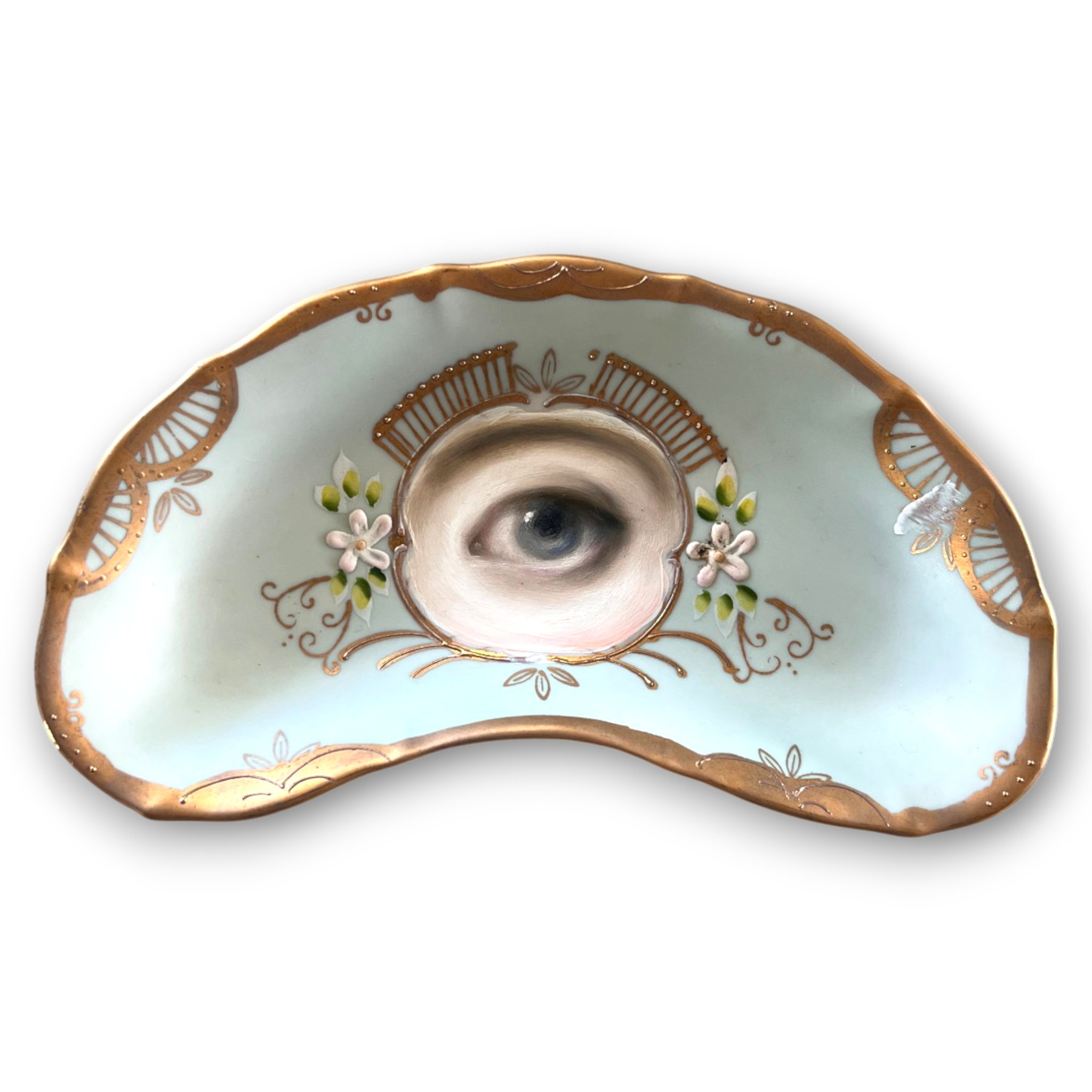 No. 3577 Lover's Eye Painting on a Rococo Crescent Dish - Pale Blue