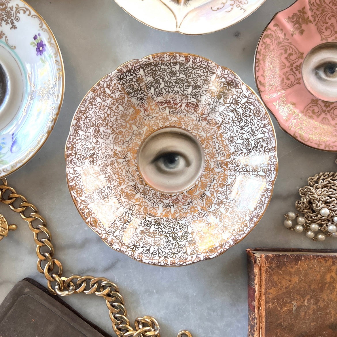 No. 3560 Lover's Eye Painting on an English Gilt Floral Plate
