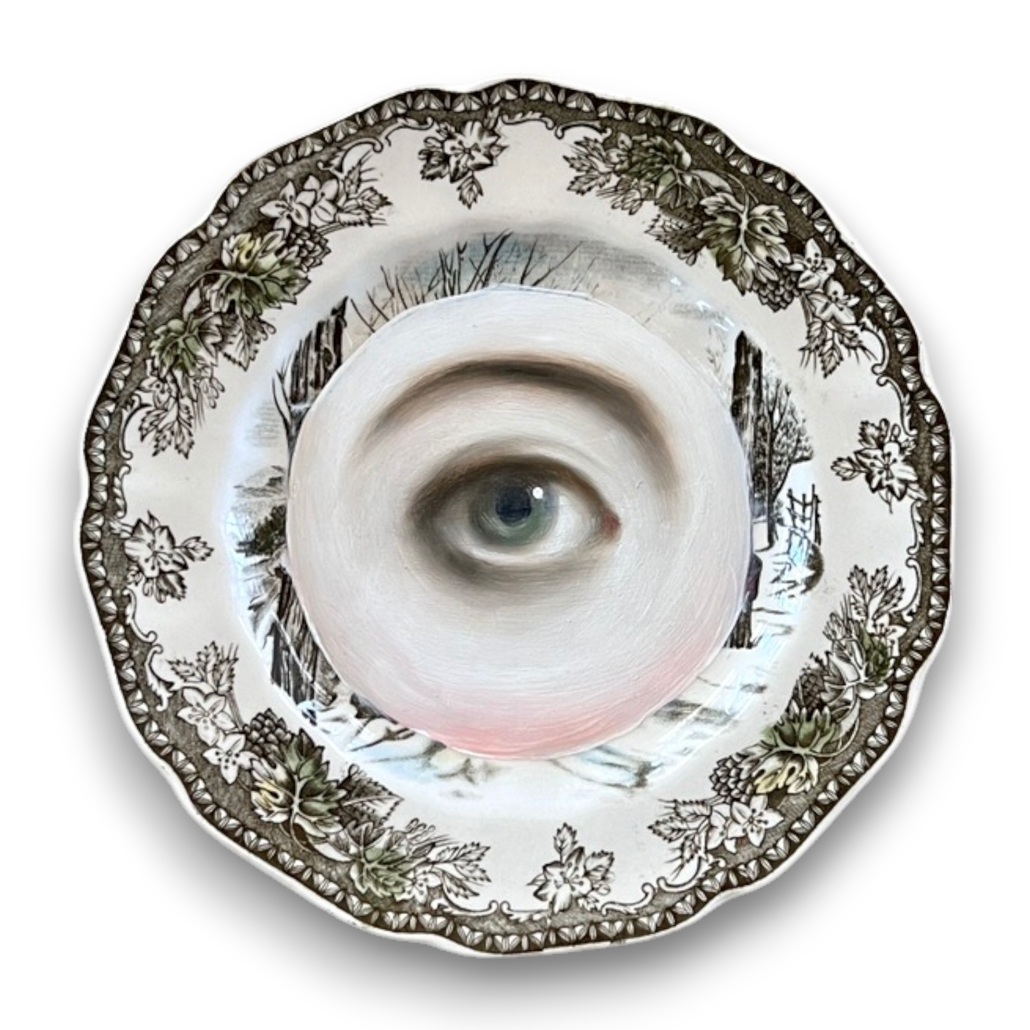 No. 3579 Lover's Eye Painting on a Green-brown Staffordshire Plate