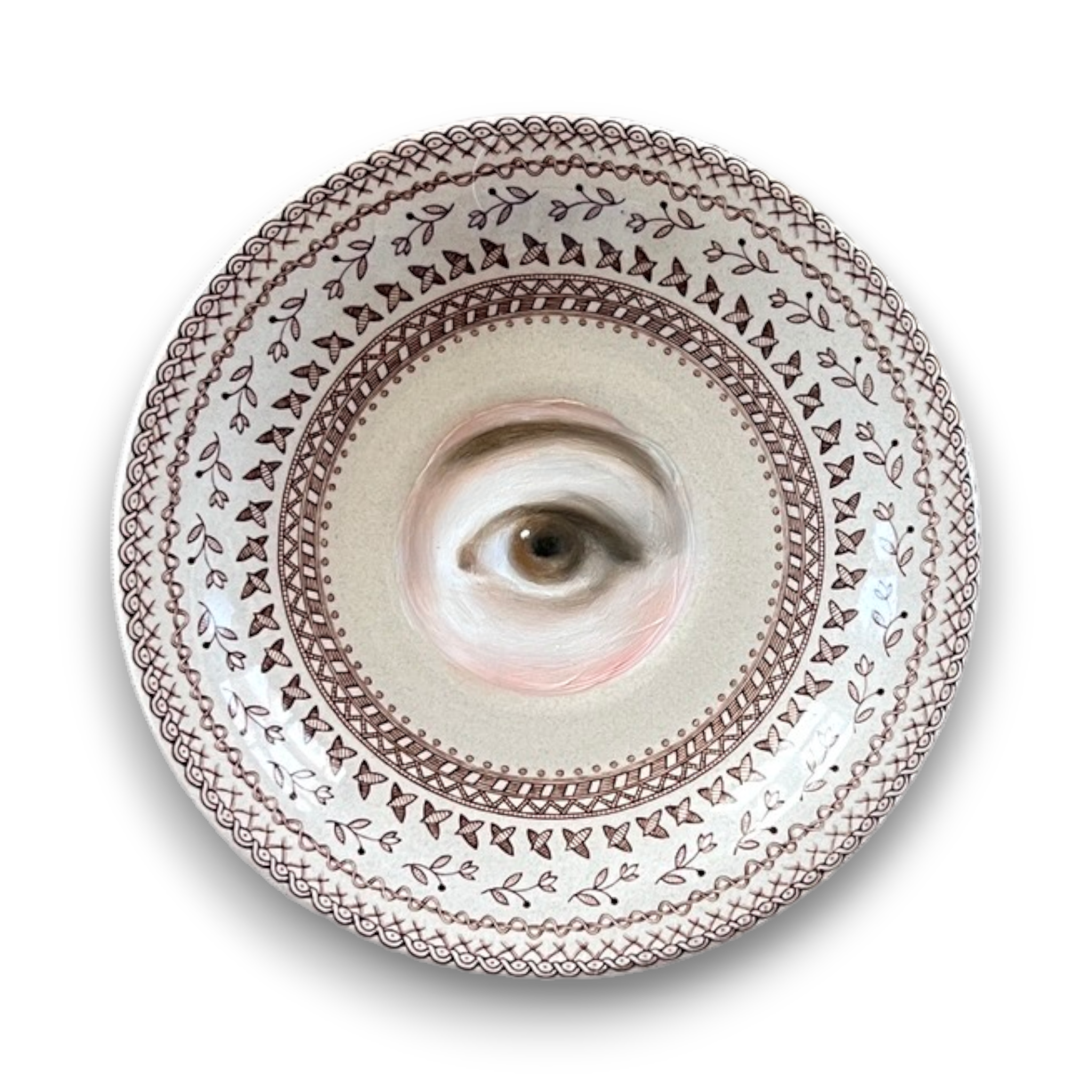 No. 3585 Lover's Eye Painting on a Brown Aesthetic Staffordshire Plate