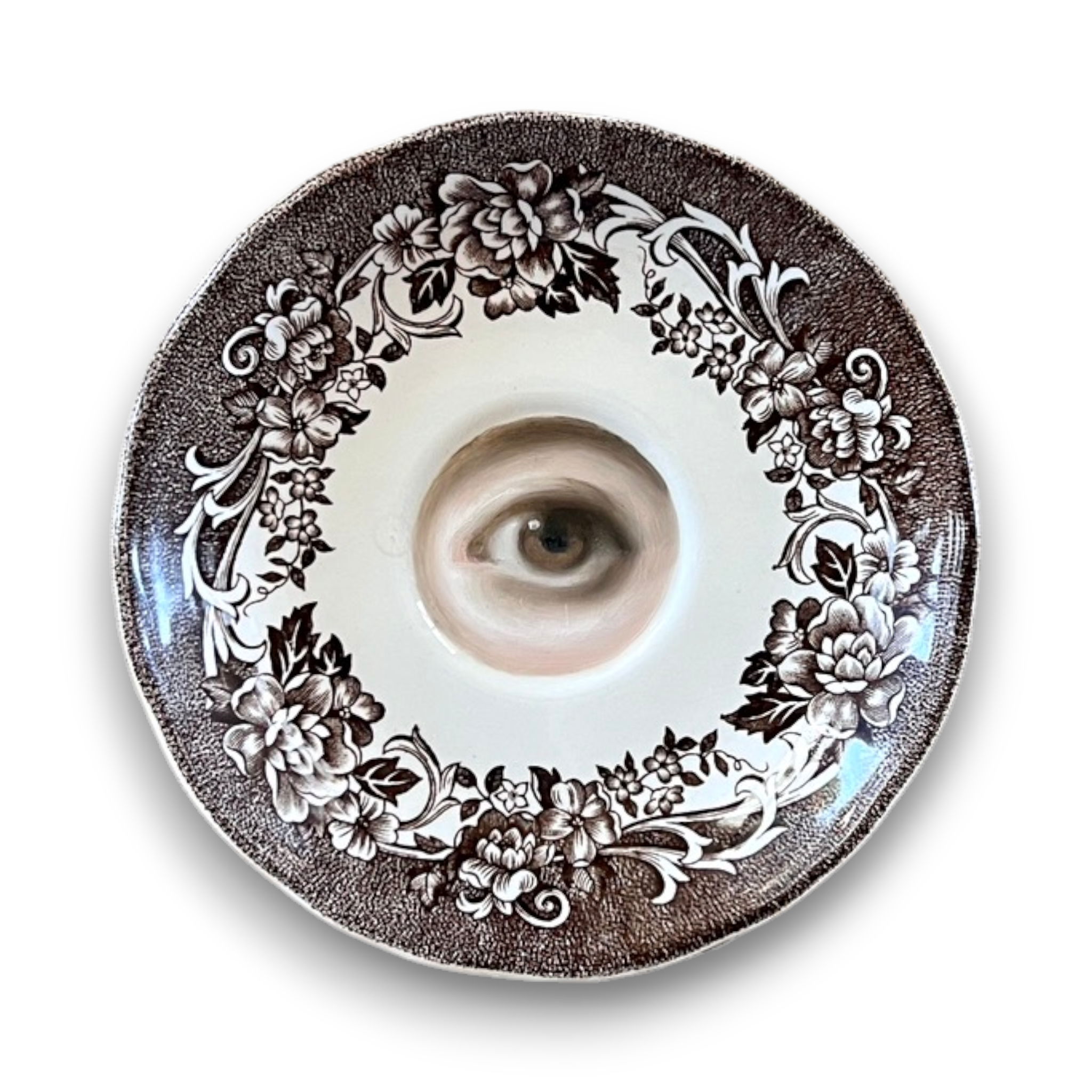 No. 3592 Lover's Eye Painting on a Brown Botanical Staffordshire Plate