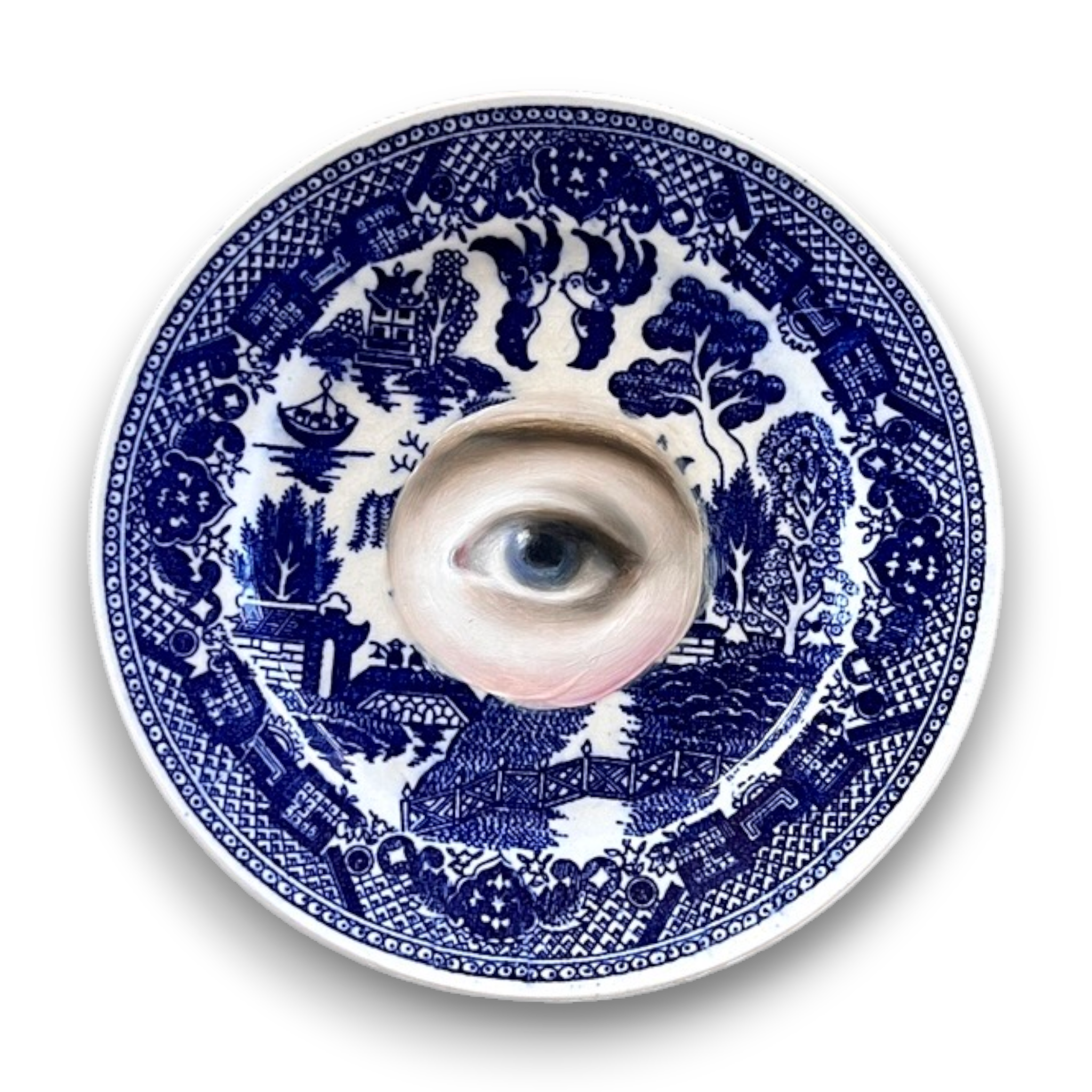 No. 3598 Lover's Eye Painting on a Blue Willow Staffordshire Plate