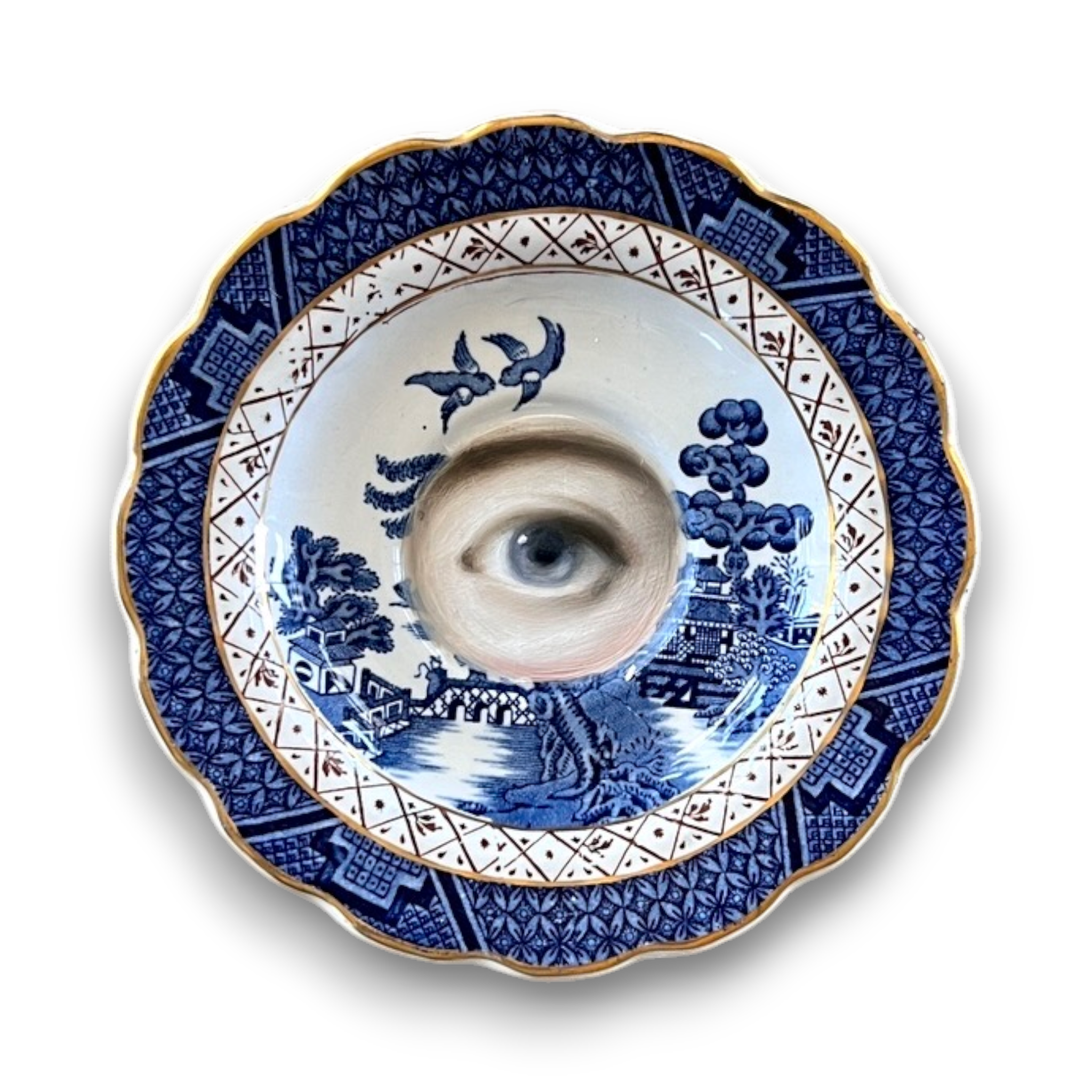 No. 3599 Lover's Eye Painting on a "Real Old Willow" Staffordshire Plate