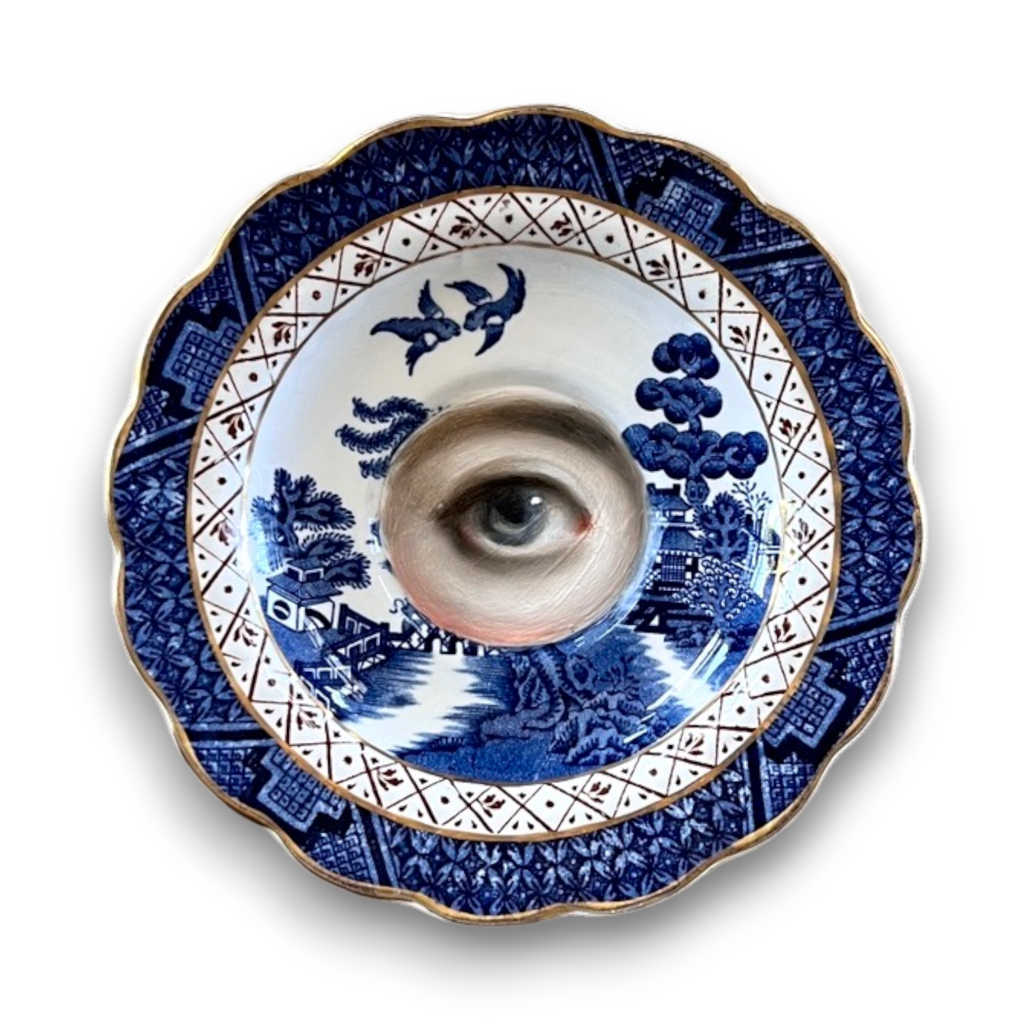 No. 3600 Lover's Eye Painting on a "Real Old Willow" Staffordshire Plate