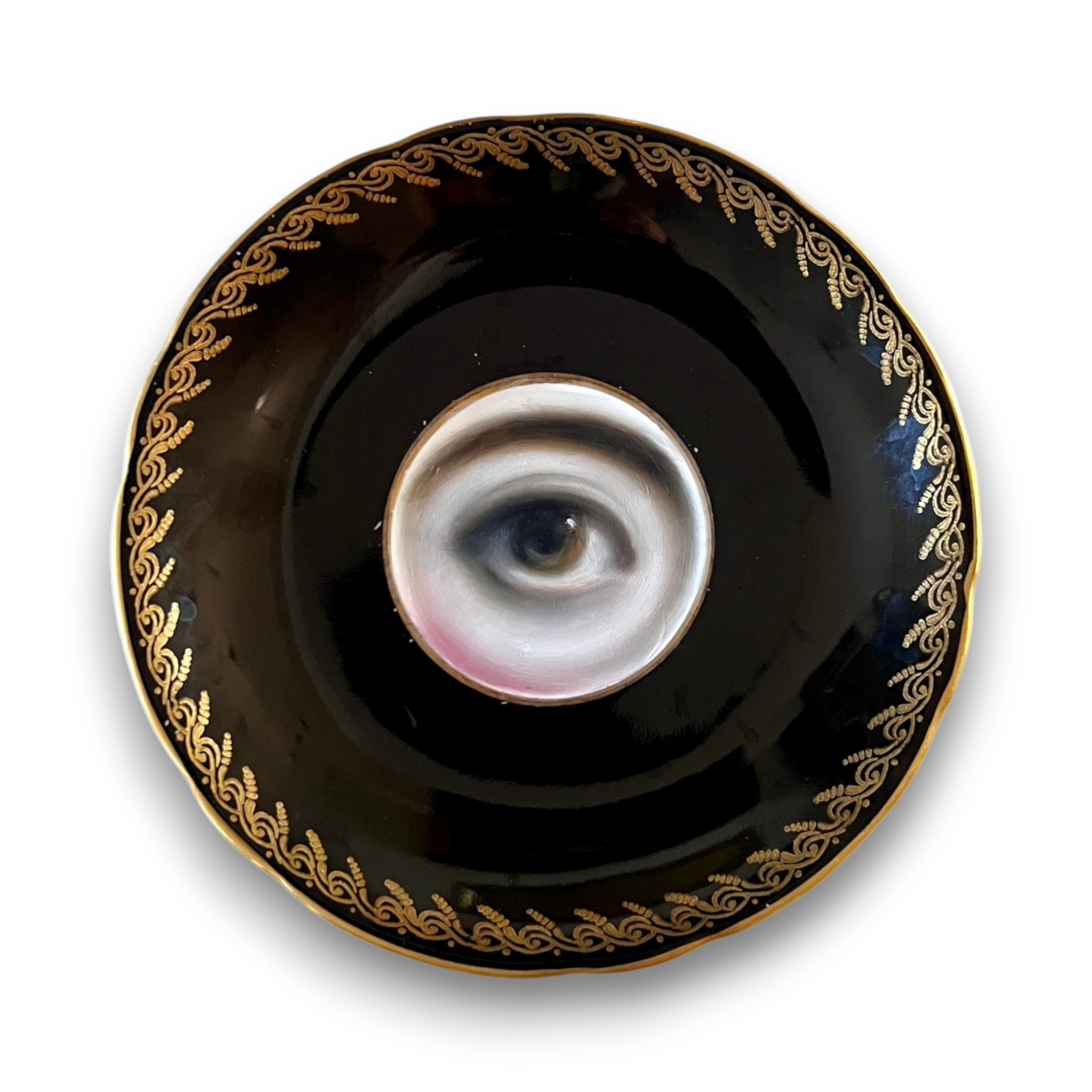 No. 3653 Lover's Eye Painting on an English Black & Gold Plate