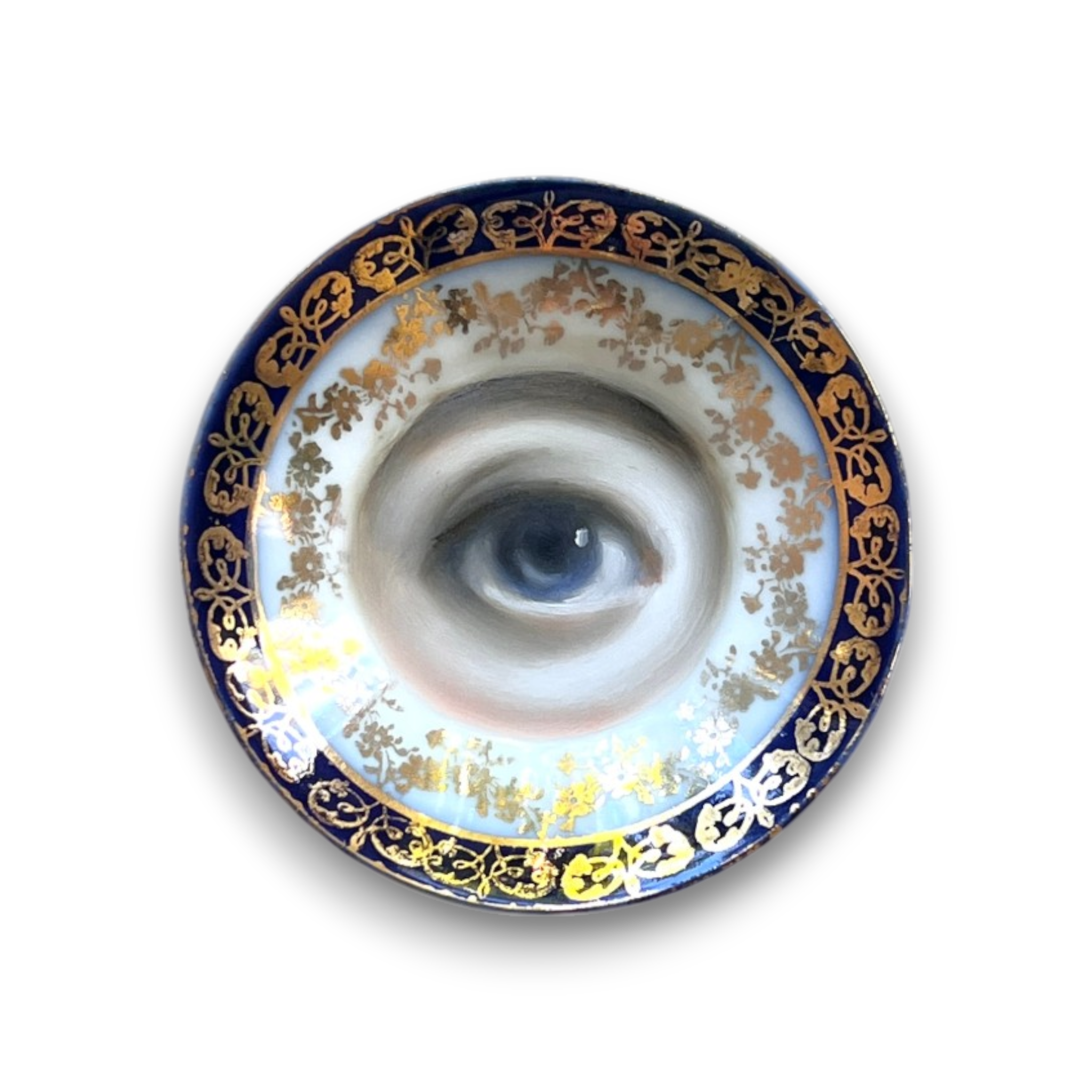 No. 3689 Lover's Eye Painting on an Antique Flow Blue Butter Pat Plate