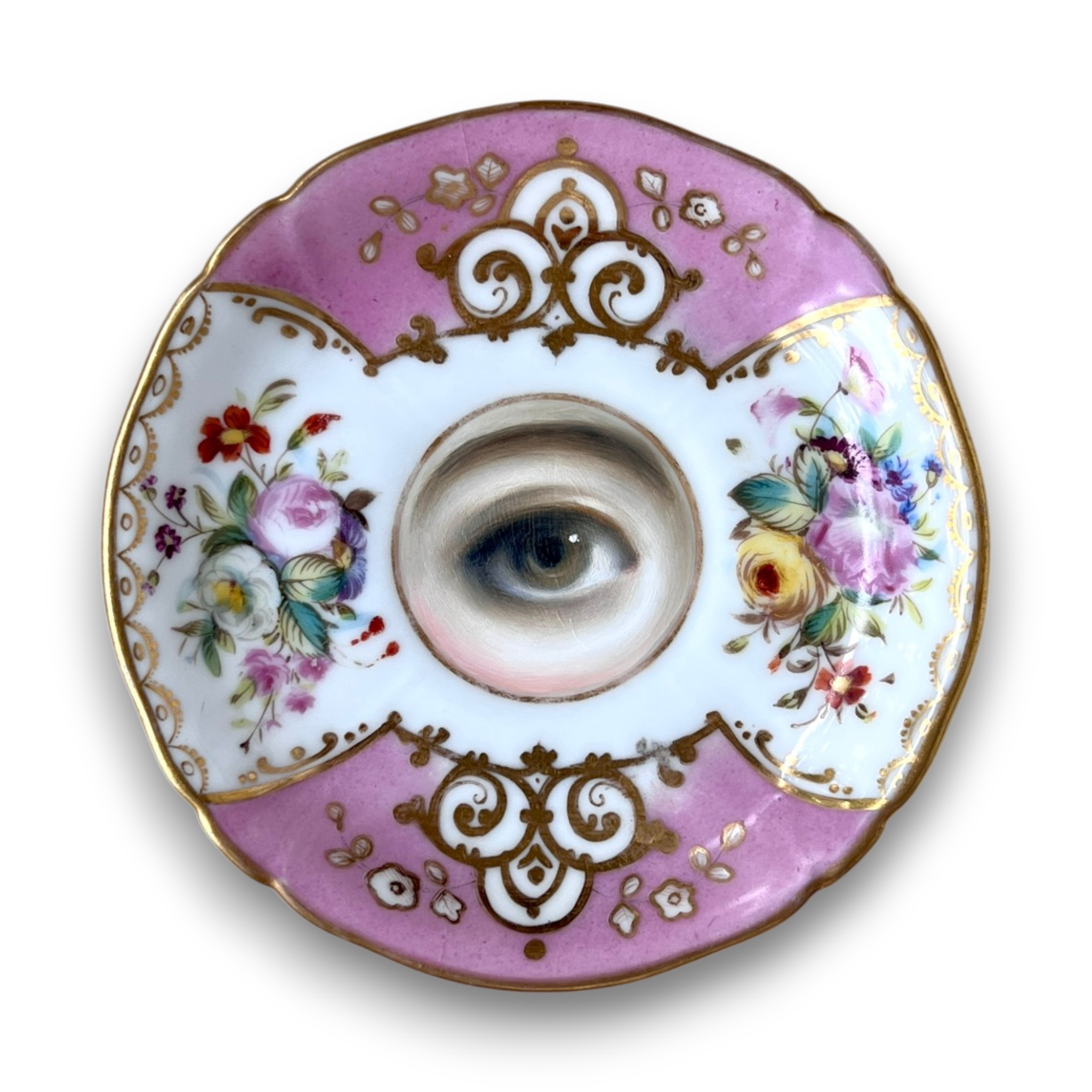 No. 3731 Lover's Eye Painting on a Pink Floral Plate