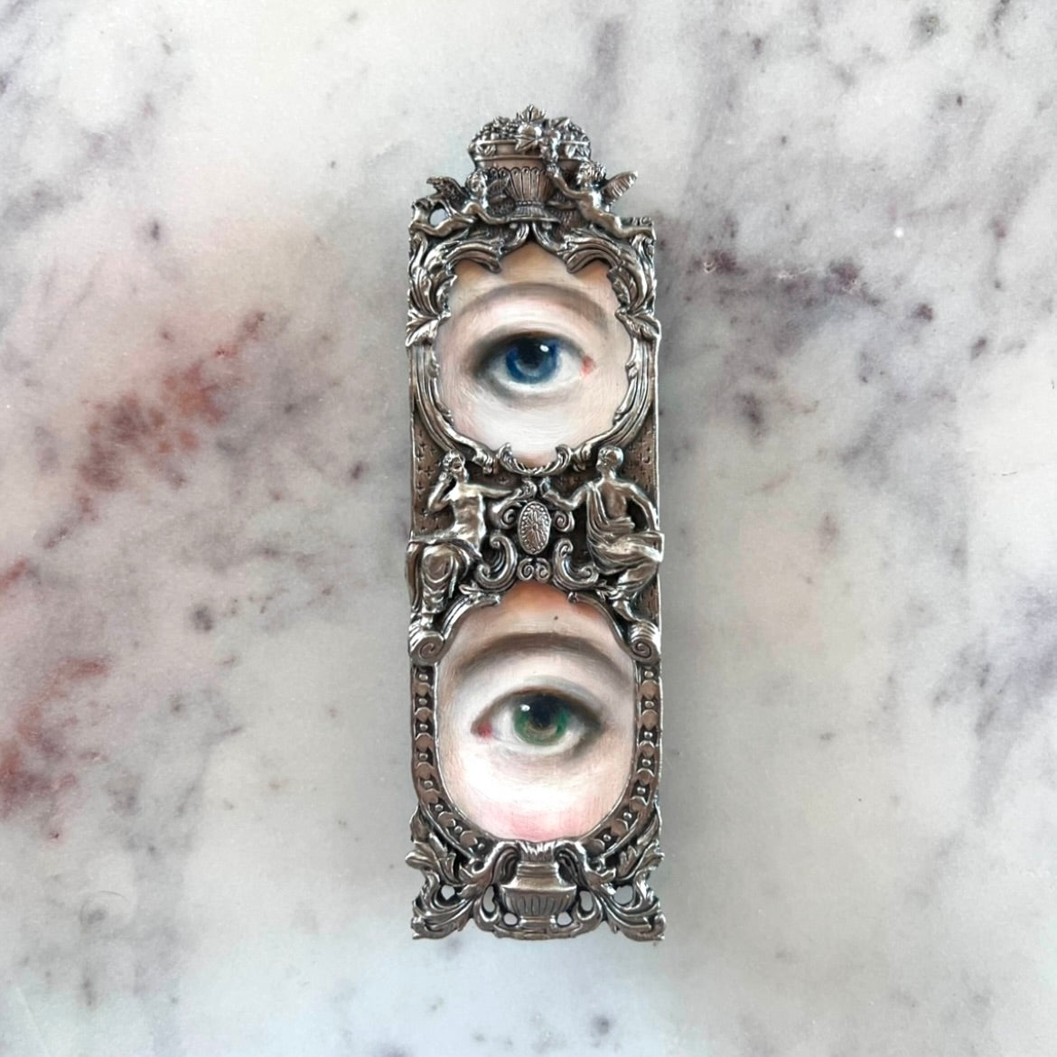 *** RESERVED*** No. 2802 Lover's Eye Painting in a Double Frame with Cherubs and Ladies