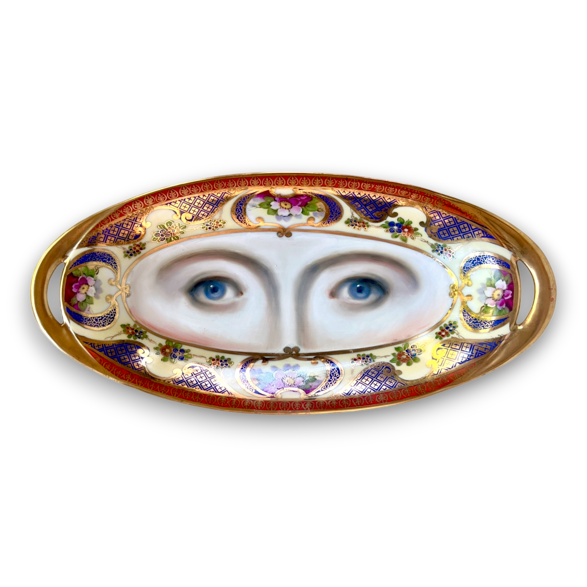No. 3795 Lover’s Eye Painting on a Blue & Gold Floral Dish