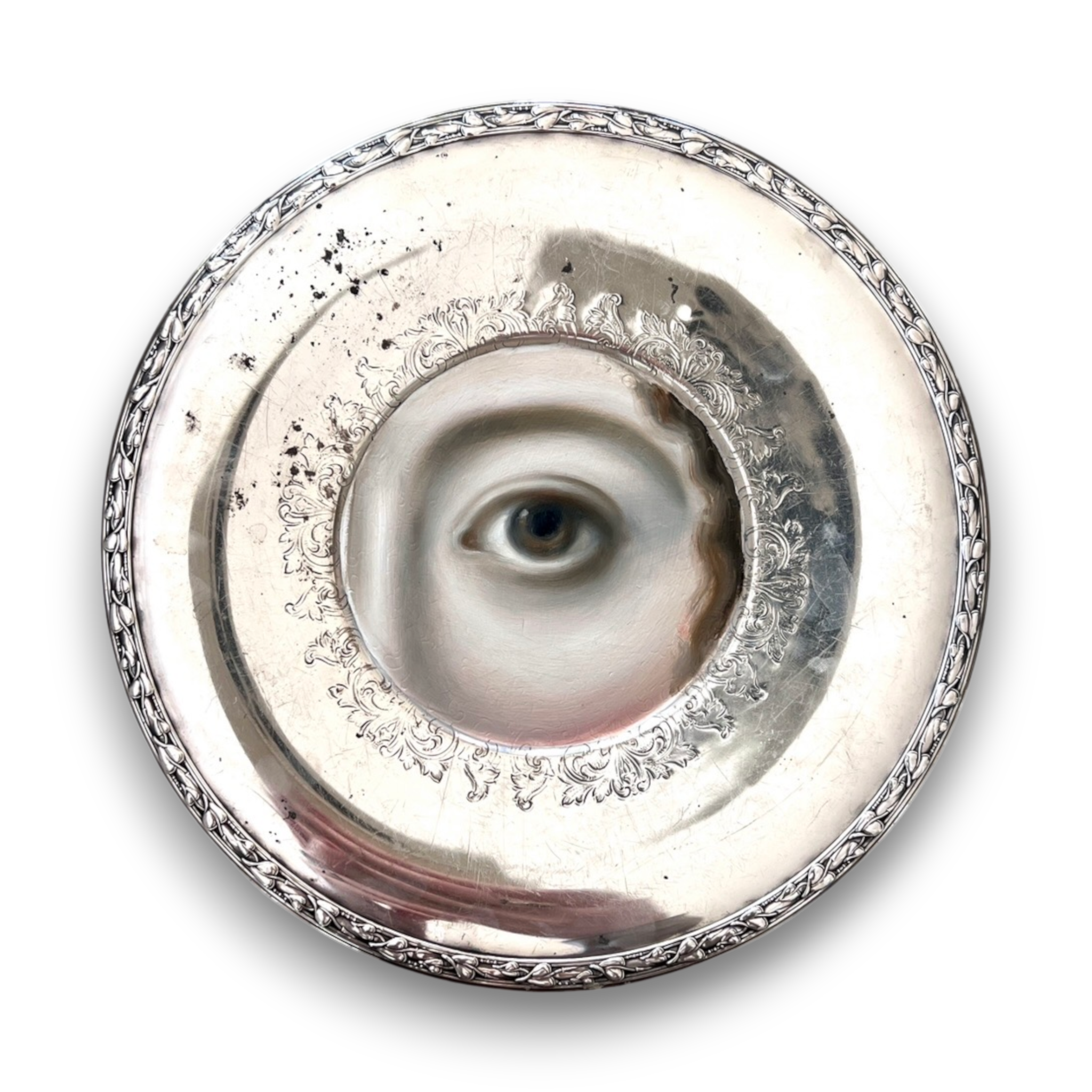 No. 3813 Lover’s Eye Painting on a Foliate Silverplate Dish