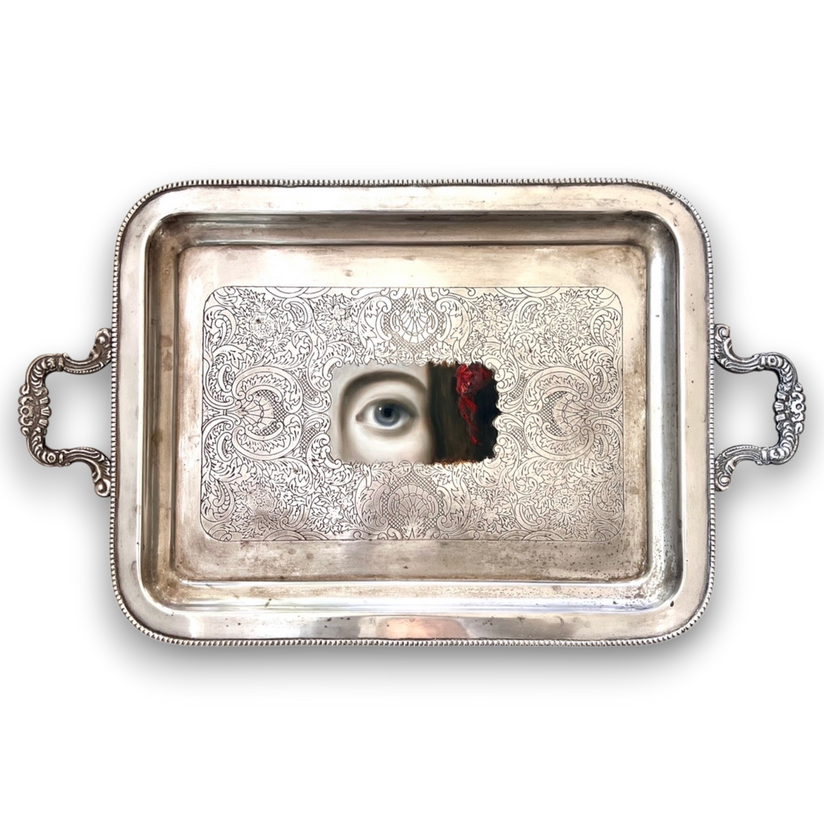No. 3819 Lover’s Eye Painting on an Engraved Floral Tray with Handles