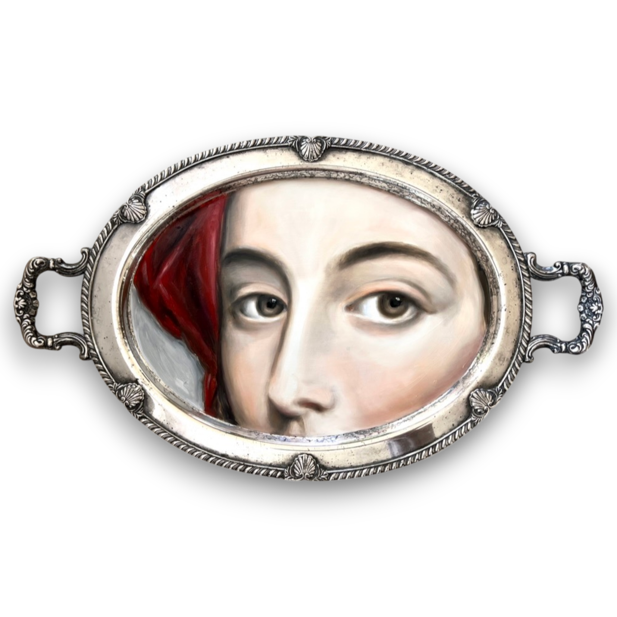 No. 3821 Lover’s Eye Painting on a Coquille Tray with Handles