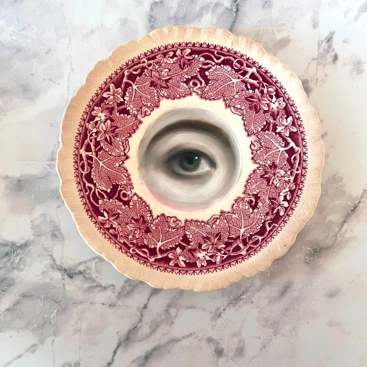 No. 2873 Lover's Eye Painting on an English Red Ivy Transferware Plate