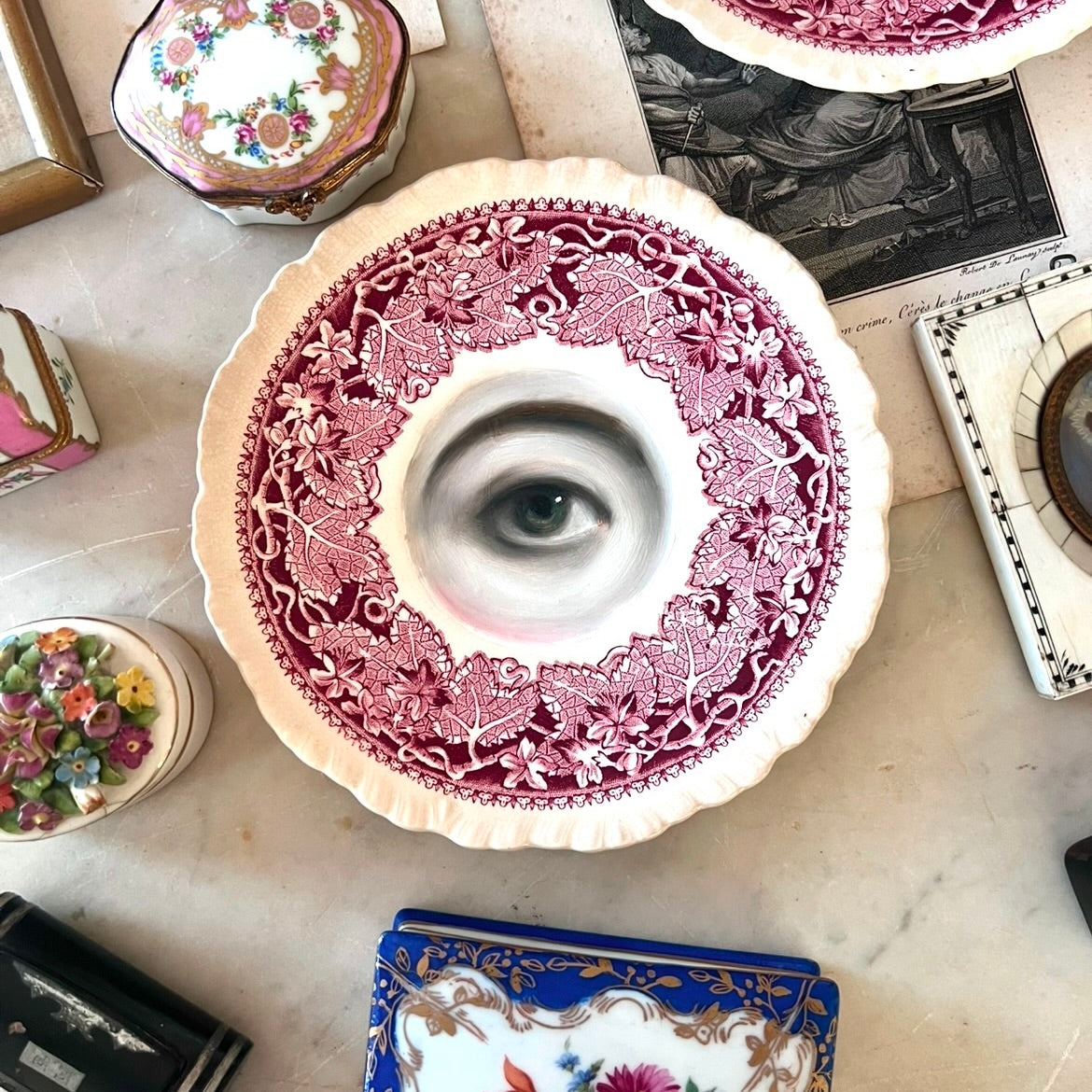 No. 2873 Lover's Eye Painting on an English Red Ivy Transferware Plate