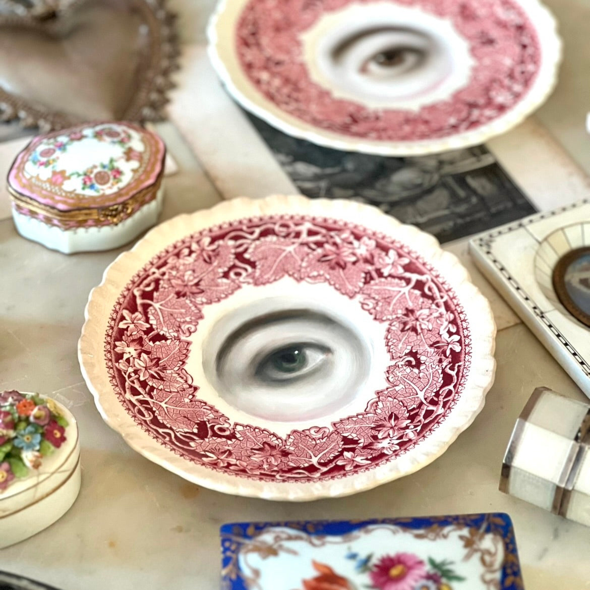 No. 2873 Lover's Eye Painting on an English Red Ivy Transferware Plate