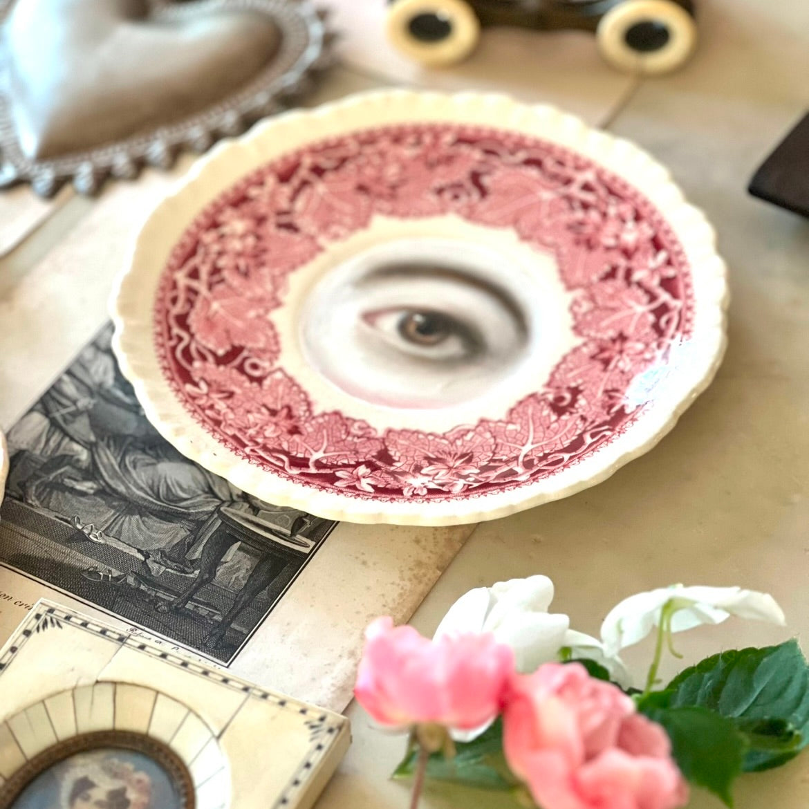 No. 2874 Lover's Eye Painting on an English Red Ivy Transferware Plate