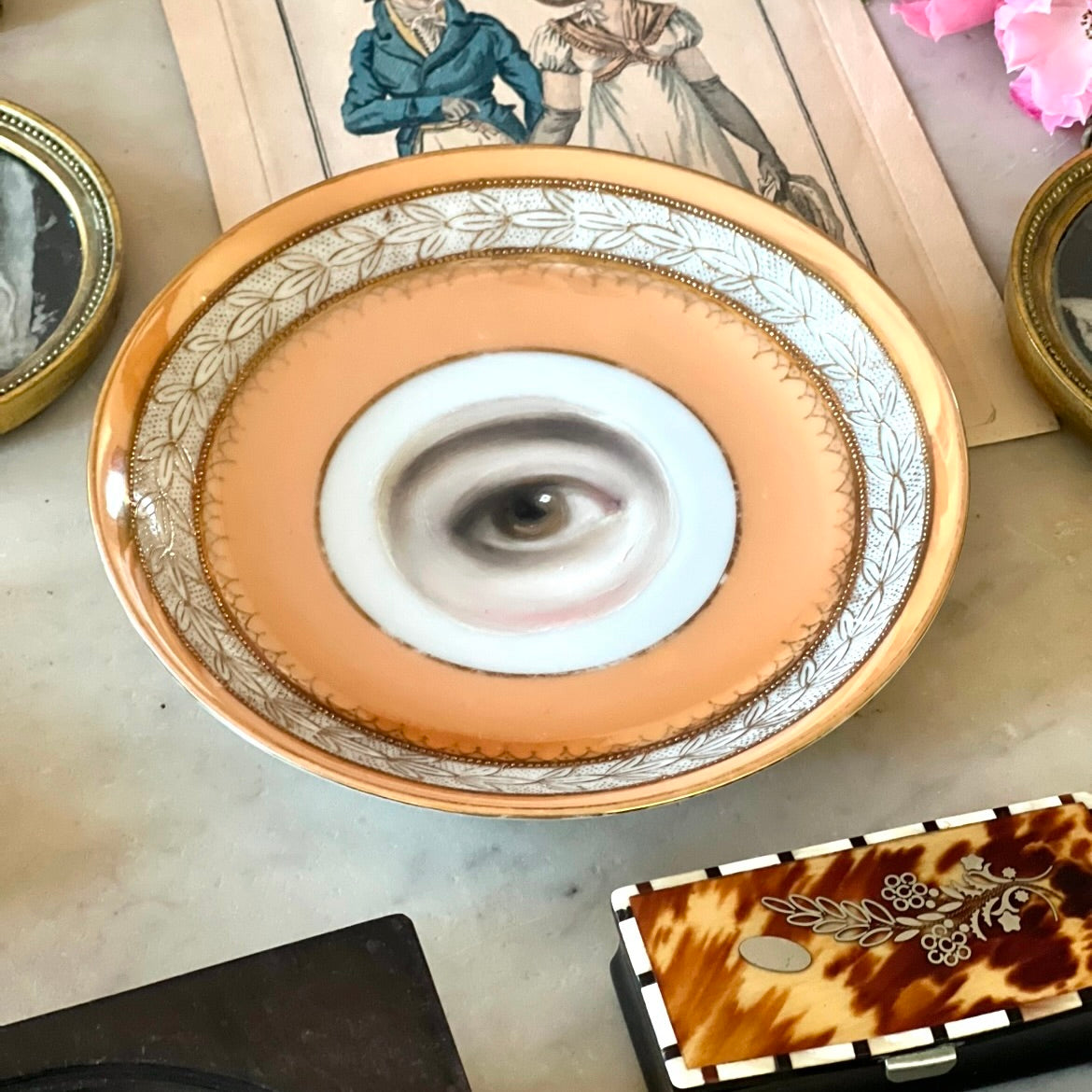 No. 2867 Lover's Eye Painting on a Peach Luster Plate