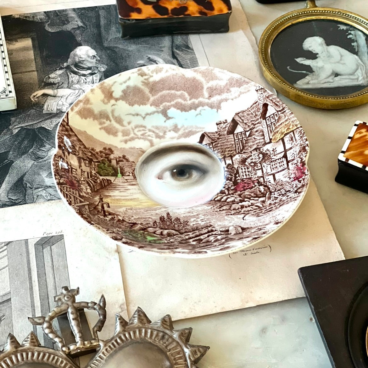 No. 2872 Lover's Eye Painting on an English Sepia Transferware Landscape Plate