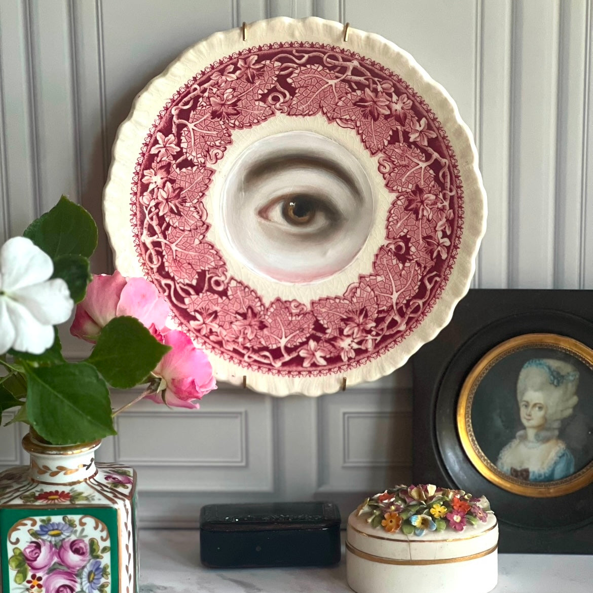 No. 2874 Lover's Eye Painting on an English Red Ivy Transferware Plate