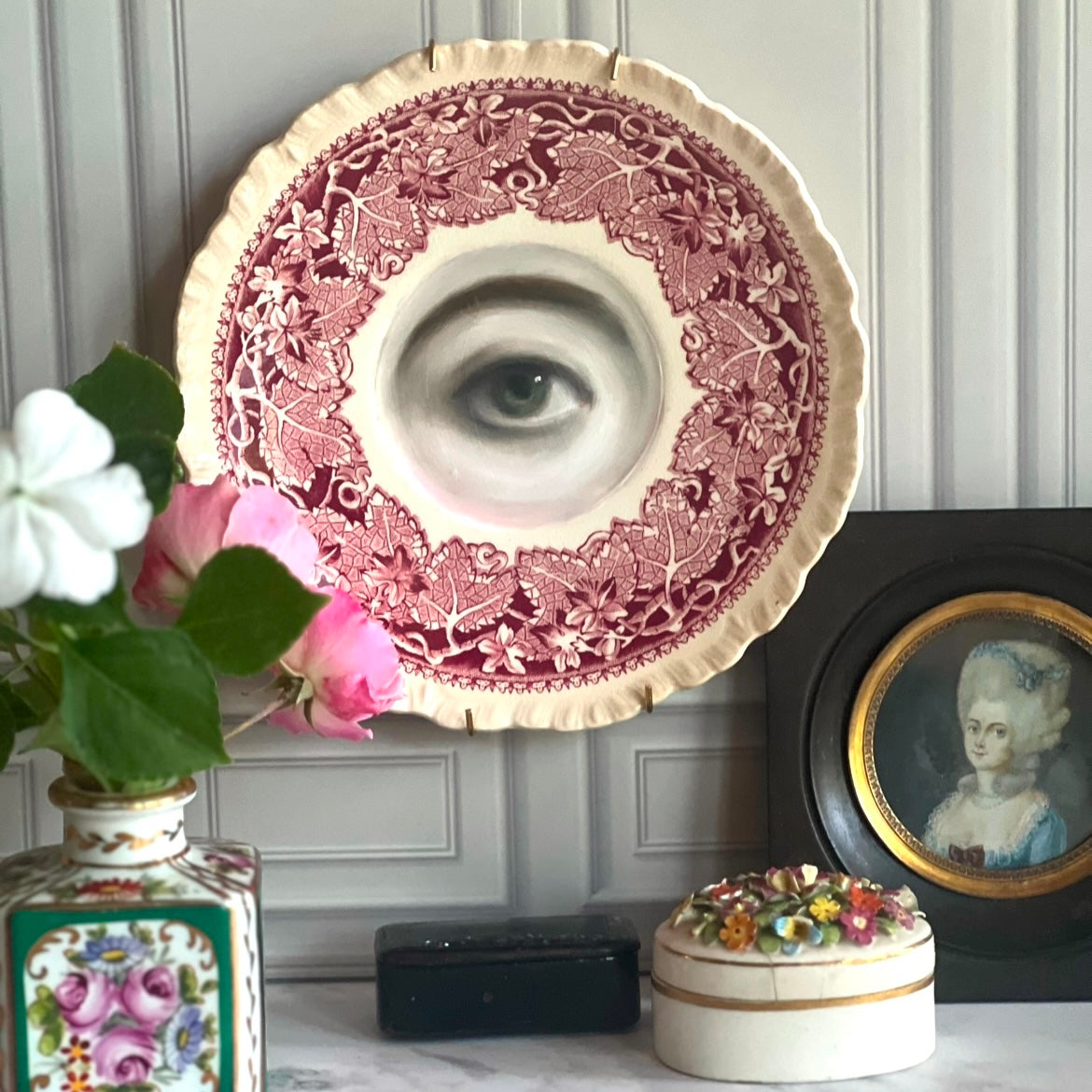 No. 2873 Lover's Eye Painting on an English Red Ivy Transferware Plate