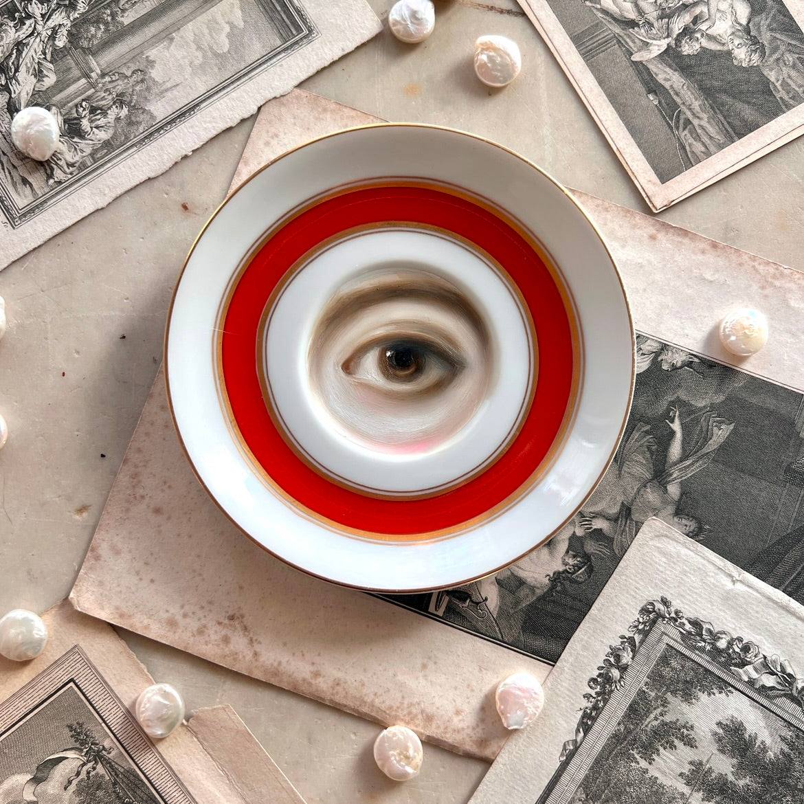 No. 3121 Lover's Eye Painting on an Orange & Gold Plate