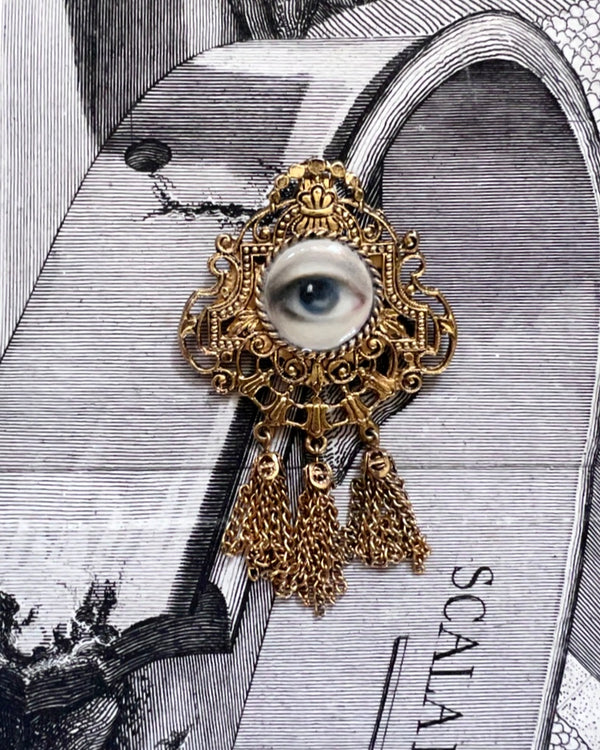 "Iola" - Lover's Eye Gold Metal Convertible Brooch/Pendant with Tassels