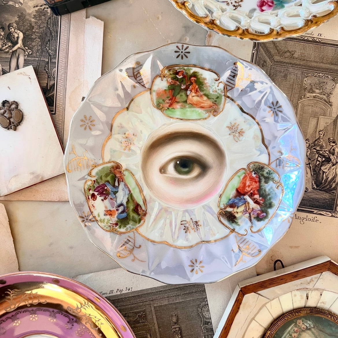 No. 2946 Lover's Eye Painting on a Pearl Luster Plate with 18th-Century Courting Scenes