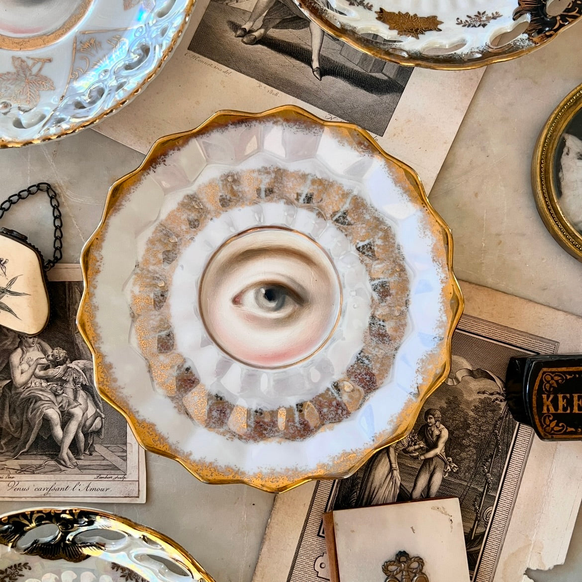 No. 2948 Lover's Eye Painting on a Faceted Pearl Luster Plate