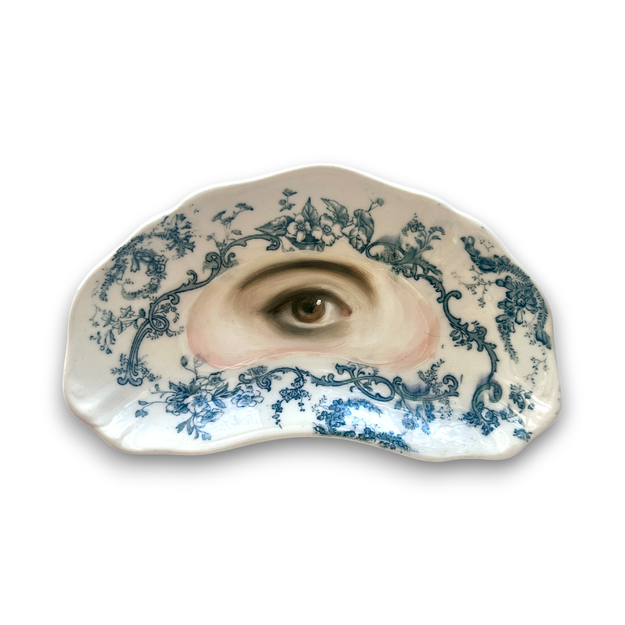 No. 3143 Lover's Eye Painting on an English Blue Botanical Crescent Plate