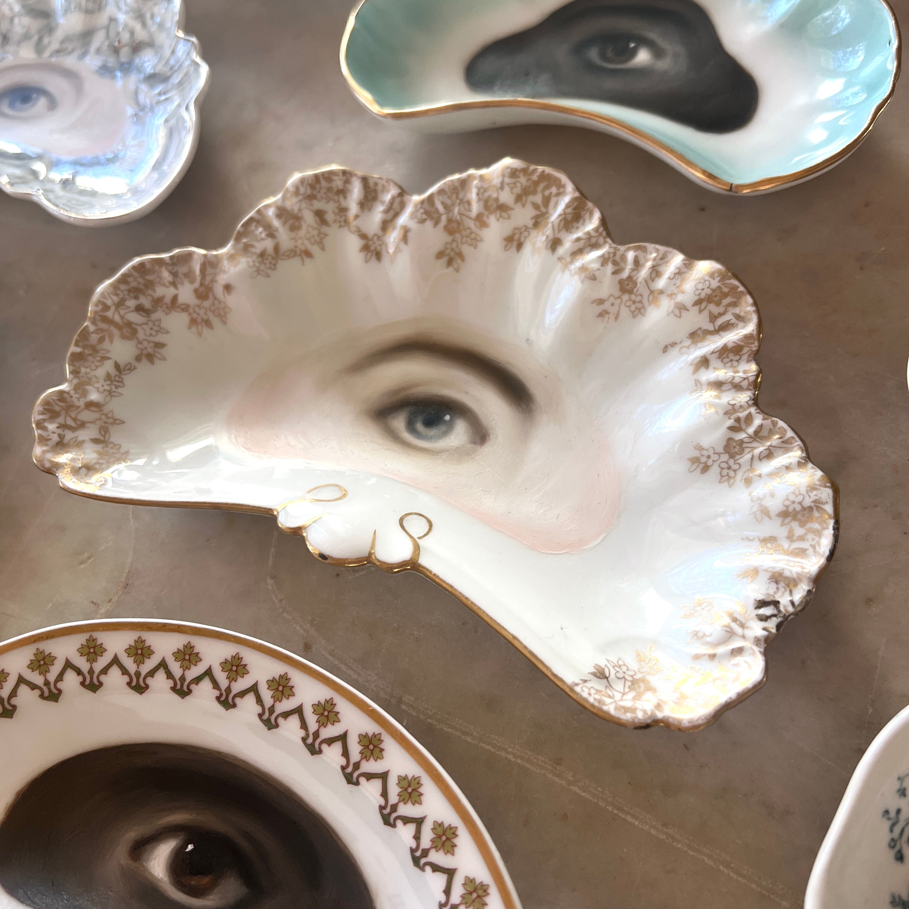 No. 3140 Lover's Eye Painting on a French Limoges Gilt-Edged Fan Plate