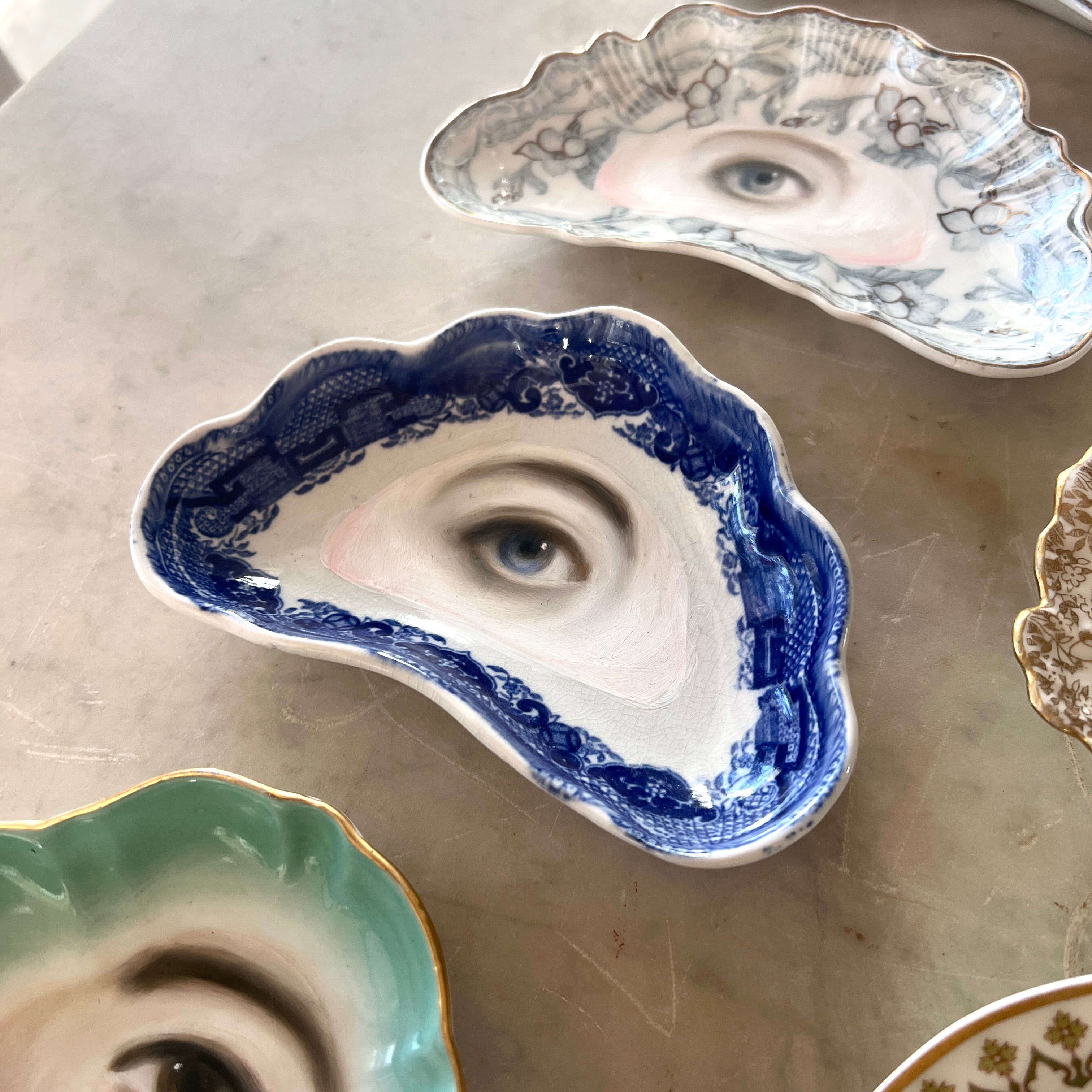 No. 3144 Lover's Eye Painting on an English Blue Chinoiserie Fan