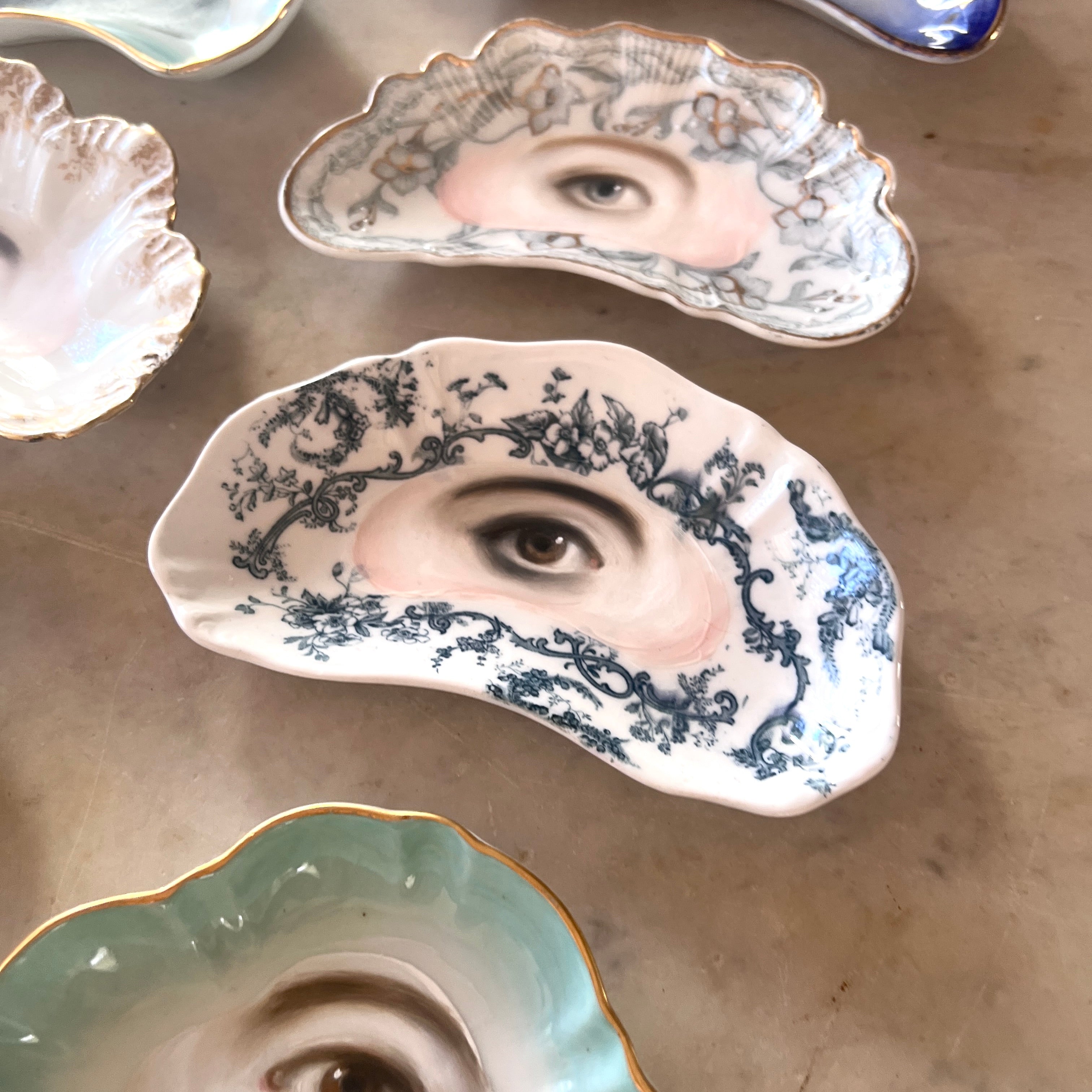 No. 3143 Lover's Eye Painting on an English Blue Botanical Crescent Plate