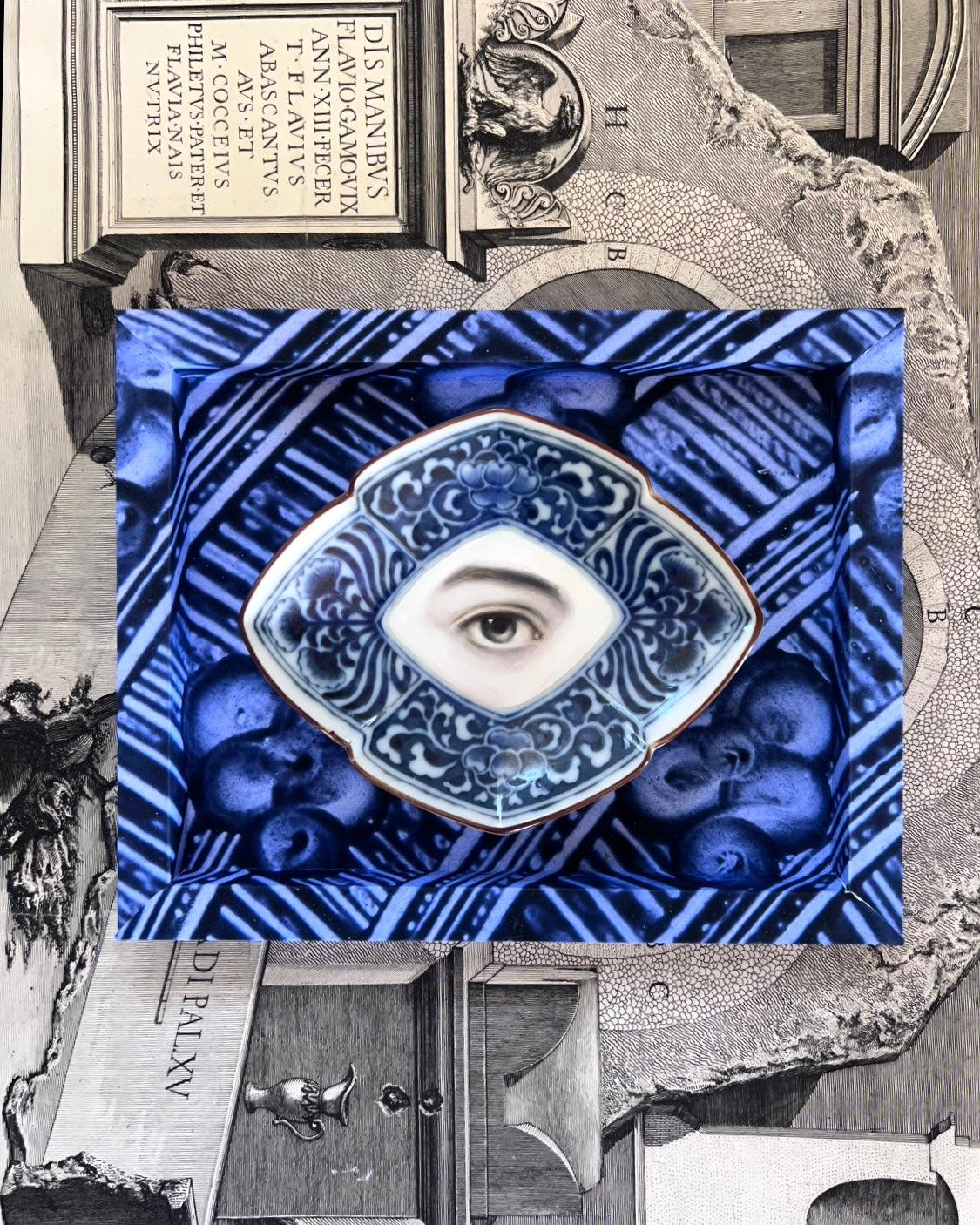 Frame No. 10 - Dominoterie Sgraffito Bleu (10"x8" for plates up to 5.5"-7.5")