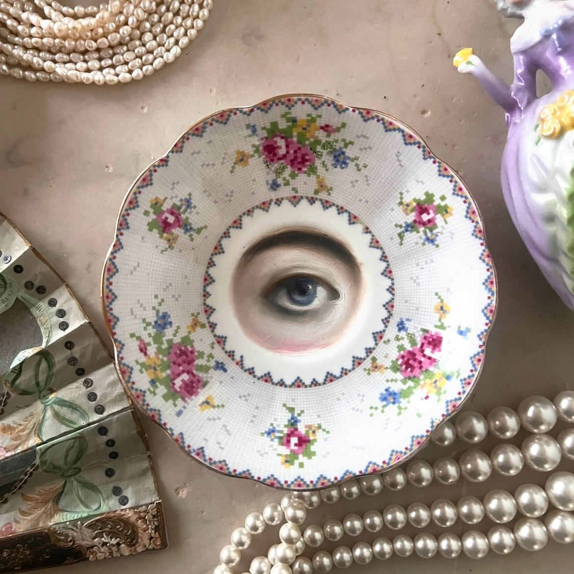 No. 2971 Lover's Eye Painting on an English Cross-Stitch Floral Plate