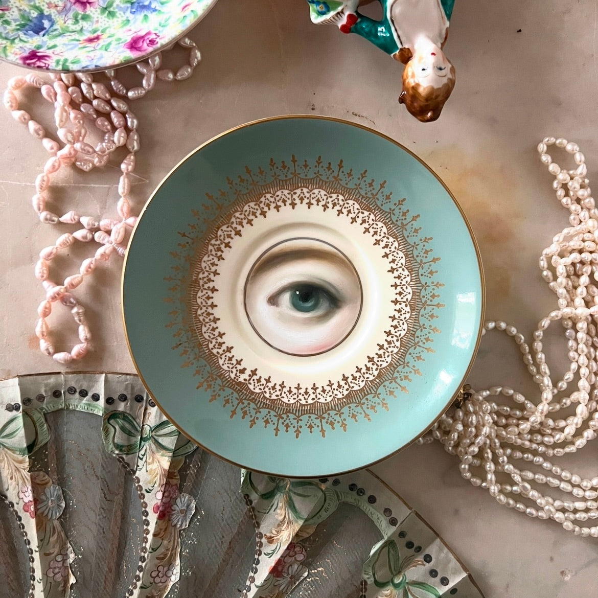 No. 2957 Lover's Eye Painting on an English "Elizabethan" Robin's Egg Blue Plate