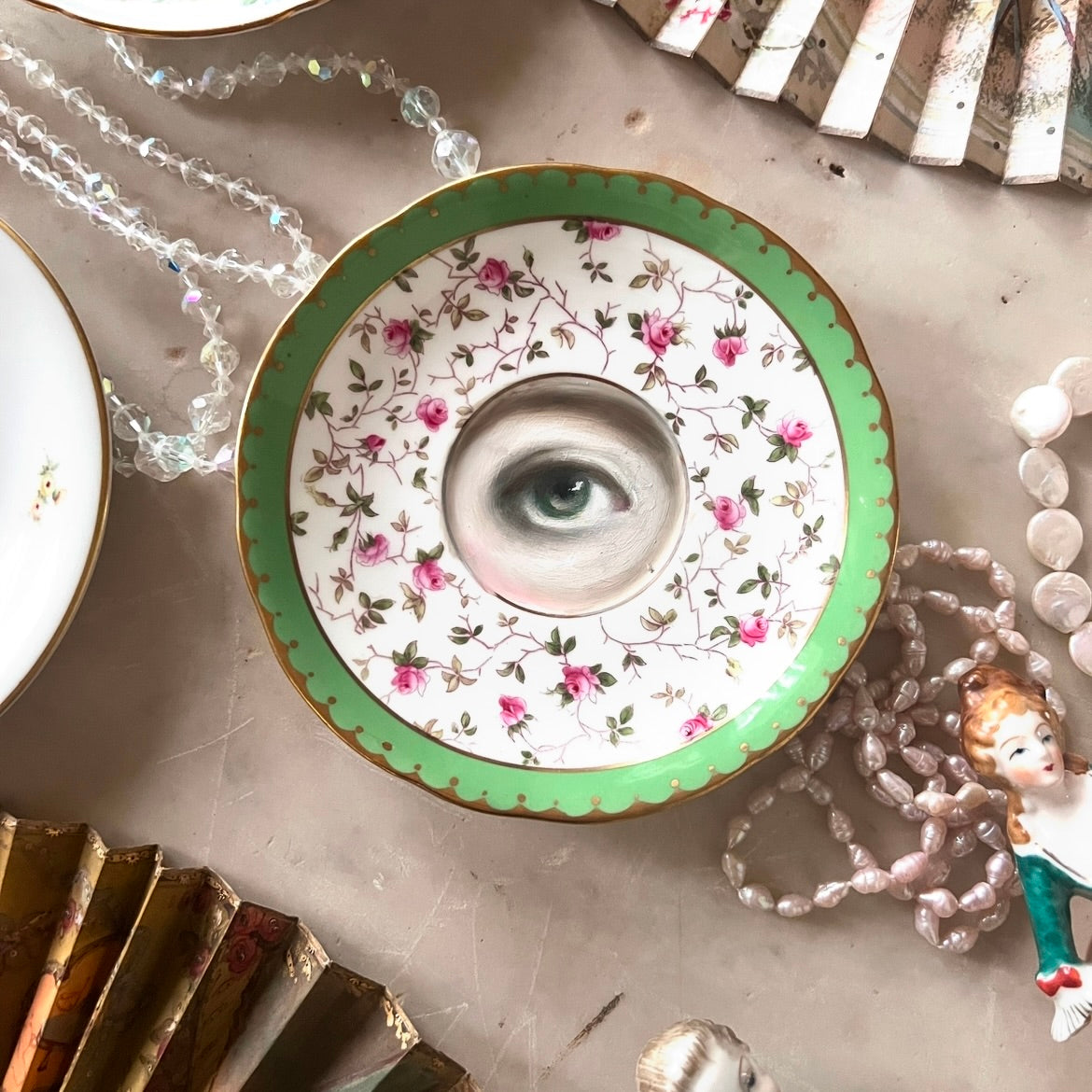 No. 2972 Lover's Eye Painting on an English Coalport Pink Roses Plate
