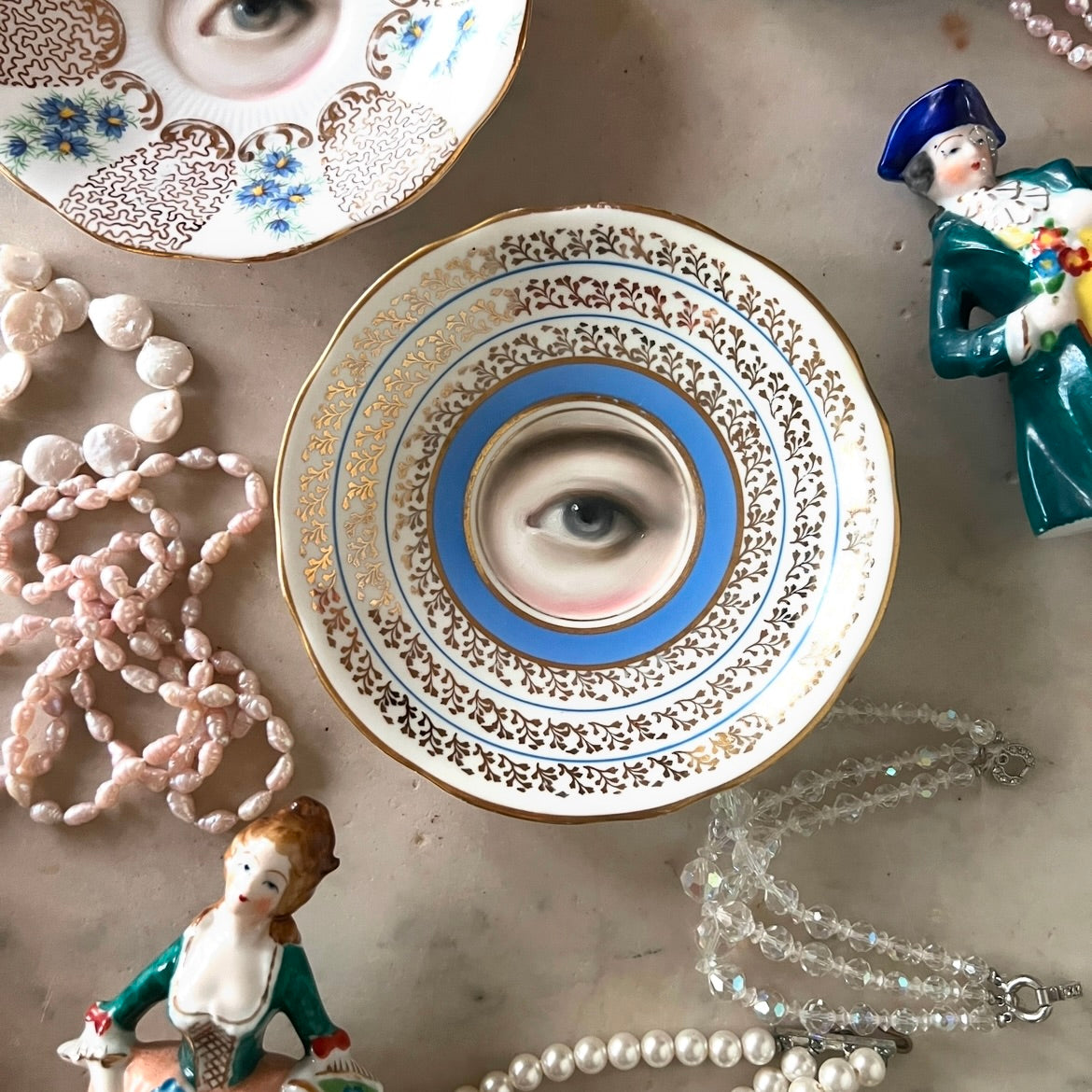 No. 2951 Lover's Eye Painting on an English Blue, Gold, and White Botanical Plate