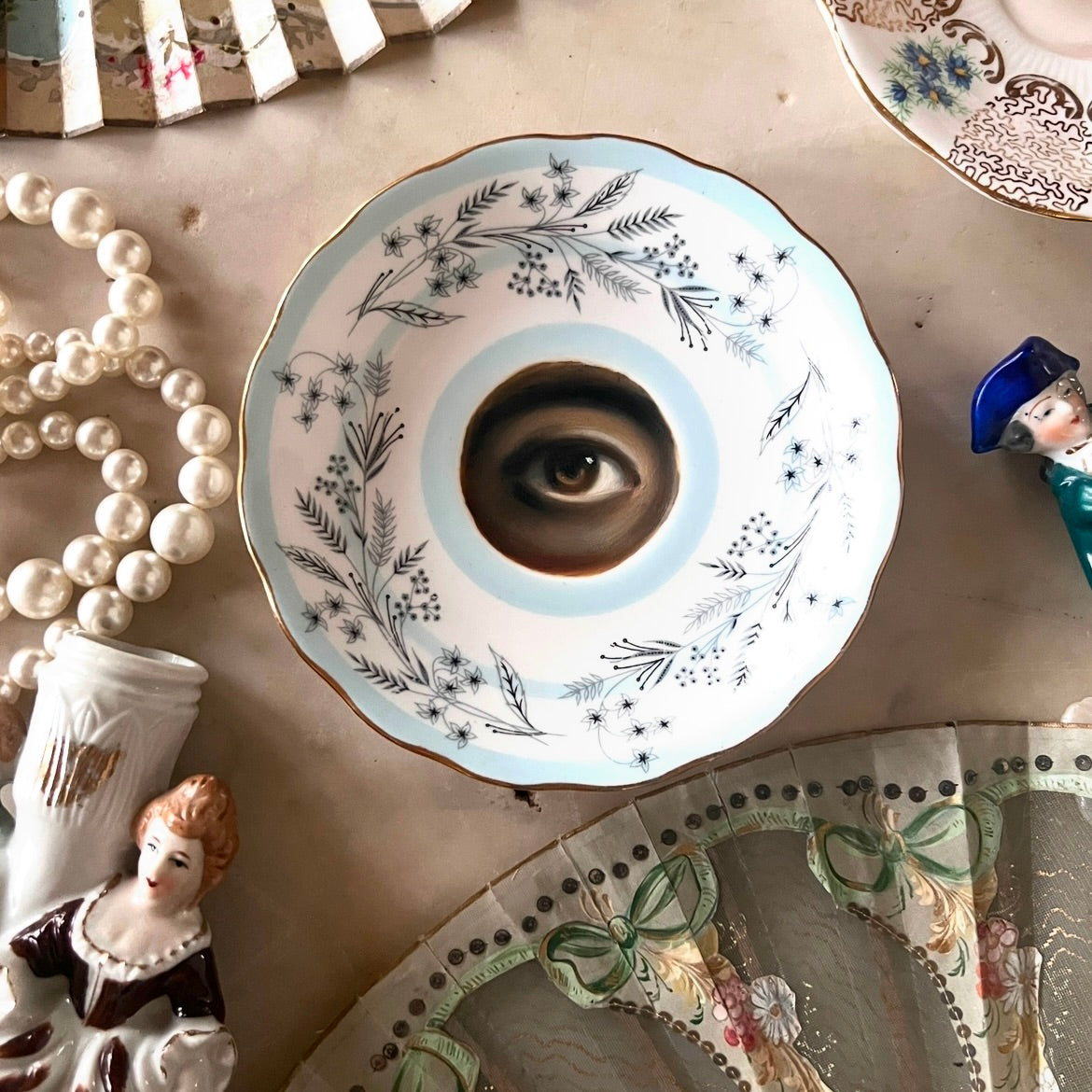No. 2958 Lover's Eye Painting on an English Blue and White Botanical Plate