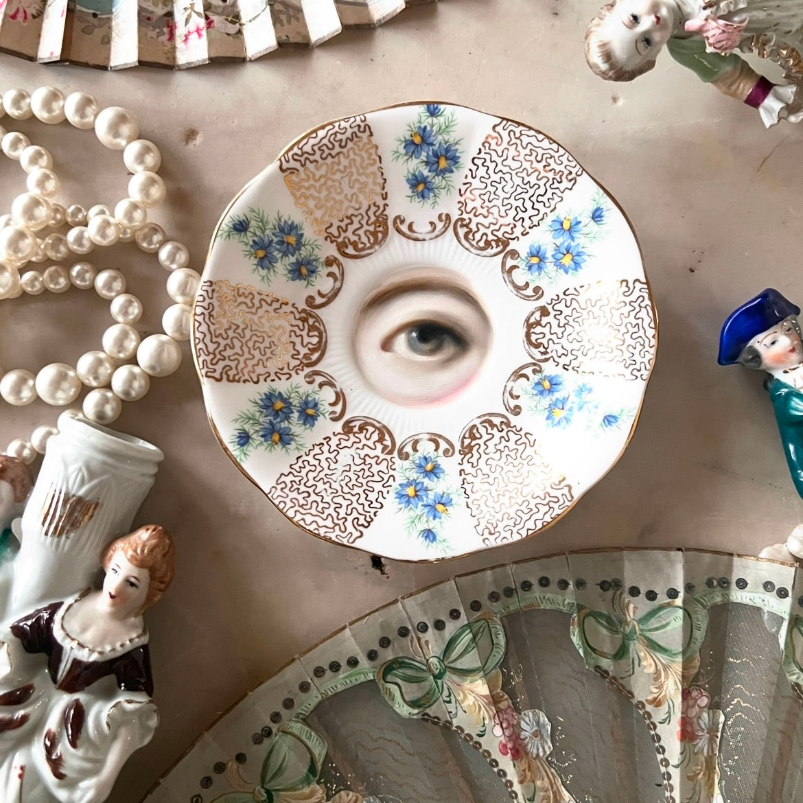 No. 2953 Lover's Eye Painting on an English Blue and Gold Botanical Plate