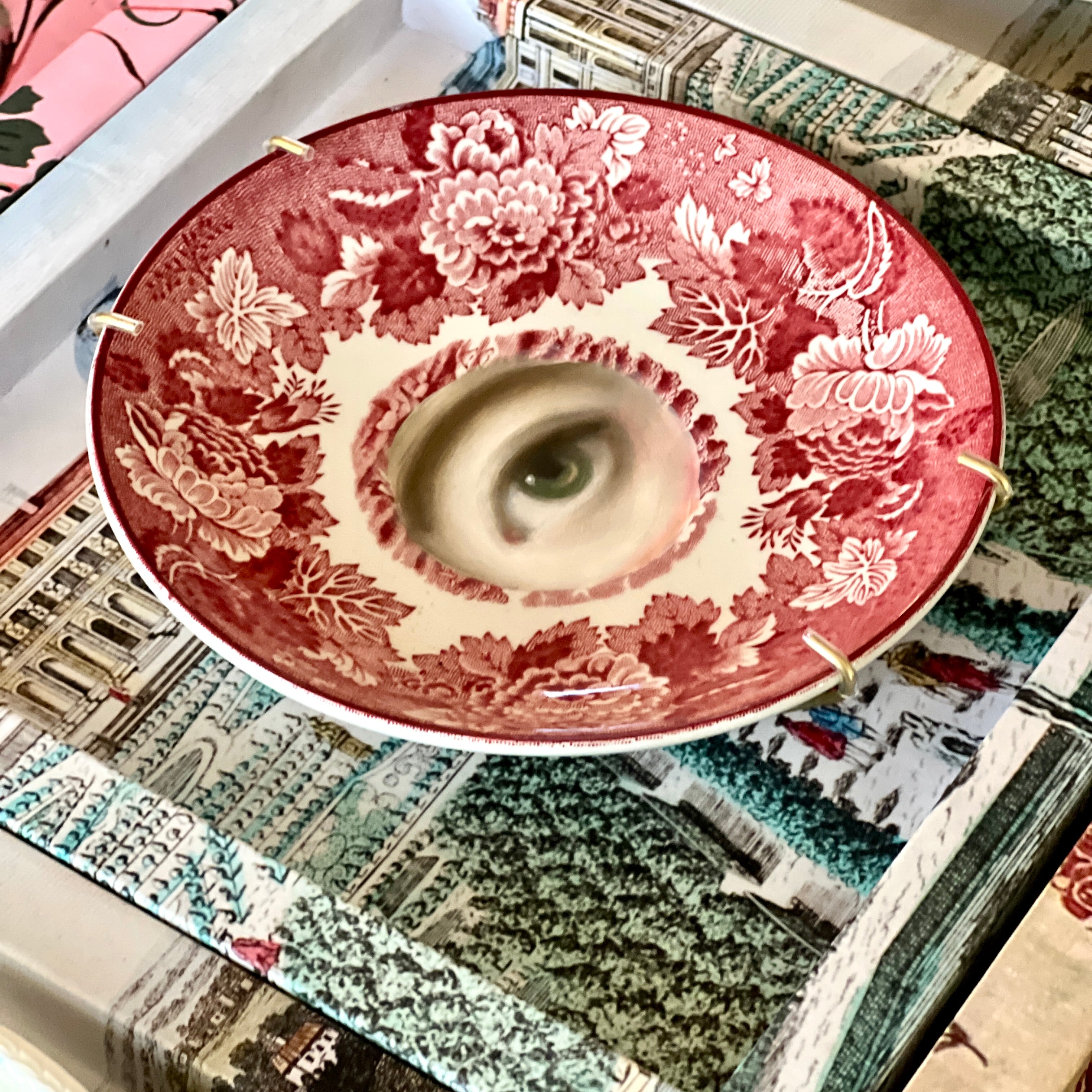 No. 2999 Lover's Eye Painting on a Red Staffordshire Plate