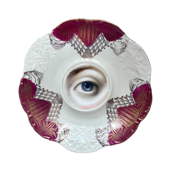 New! - Lover's Eye Painting on a Deep Pink, Gold, and White Plate