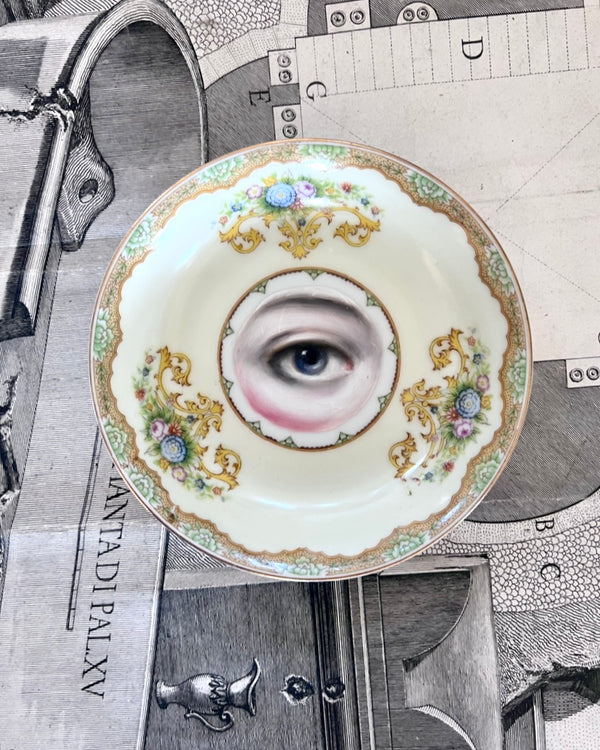 New! - Lover's Eye Painting on a Pale Yellow Floral Plate