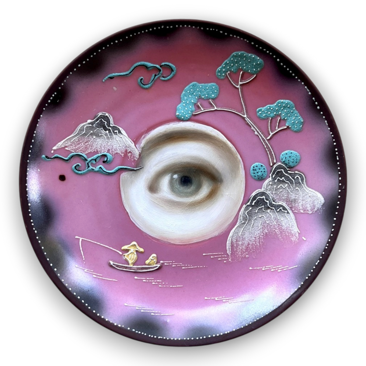 No. 3883 Lover’s Eye Painting on a Pink Chinoiserie Landscape Plate